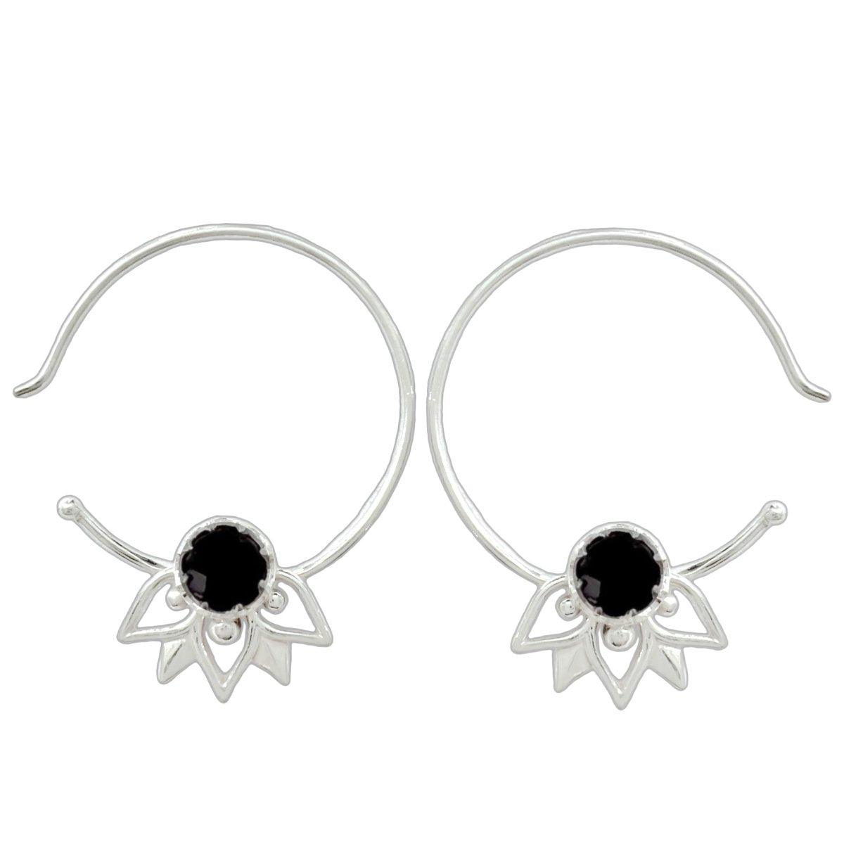 Laihas Black Onyx Hoop Earrings for Women - Sterling Silver Inflorescence Design Dangle Earrings - Perfect for Parties, Weddings & Evening Events
