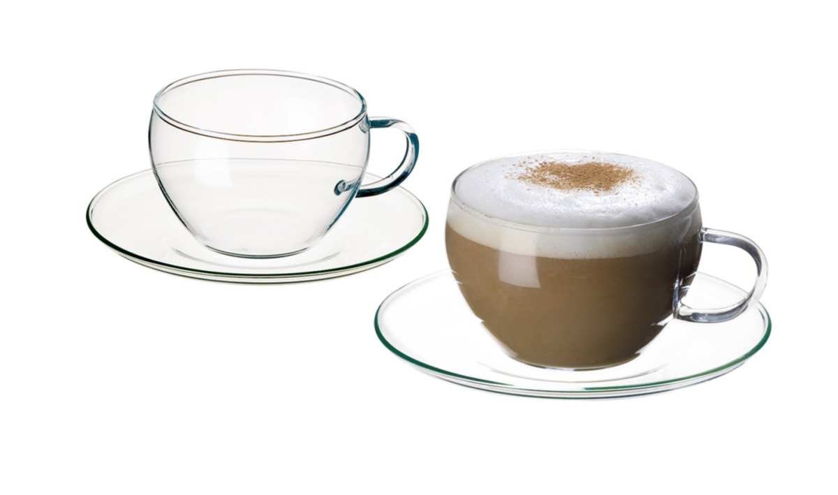 Simax Glassware Eva Tea Cups with Saucer - 8.25-Oz Set of 4, Borosilicate Glass Coffee Cups for Hot & Cold Beverages - Perfect for Afternoon Tea, Coffee Break or Elegant Dessert Serving