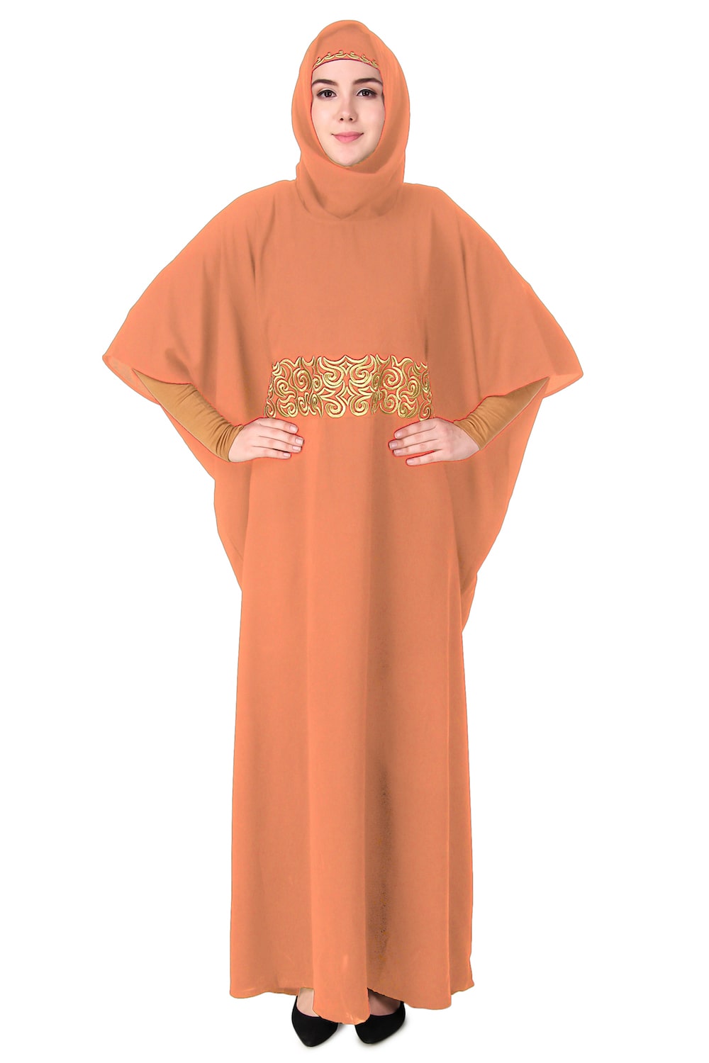 Handmade Gold Embroidered Waist Accent Kaftan Dress - Elegant Beach Cover Up & Boho Chic Homewear for Women