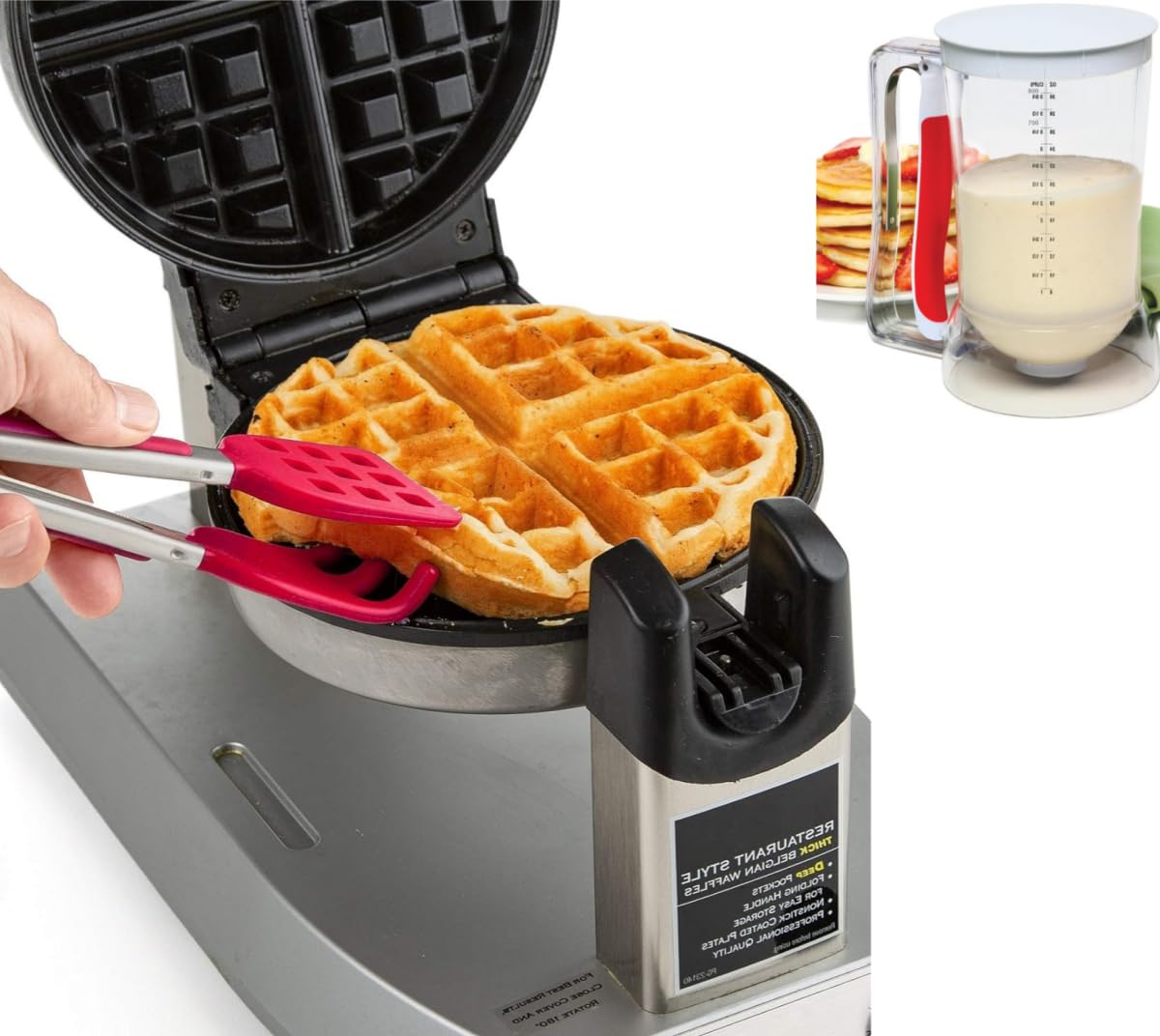 **Waffle Batter Dispenser & Waffle Tongs Set - Perfect Fluffy Waffles Every Time! Pancake, Cupcake, Muffin & Cookie Batter Measuring Tool for Quick Filling - Ideal for Breakfast, Brunch & Baking at Home**