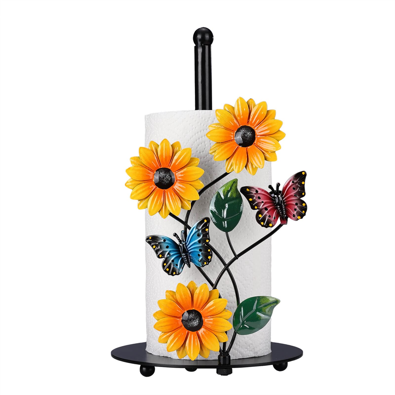 Sunflower Kitchen Paper Towel Holder - Yellow Farmhouse Decor - Hegivoc Black Metal Towel Stand for Countertops - The Butterfly Lovers Design - Perfect for Kitchen, Bathroom, and Office Use