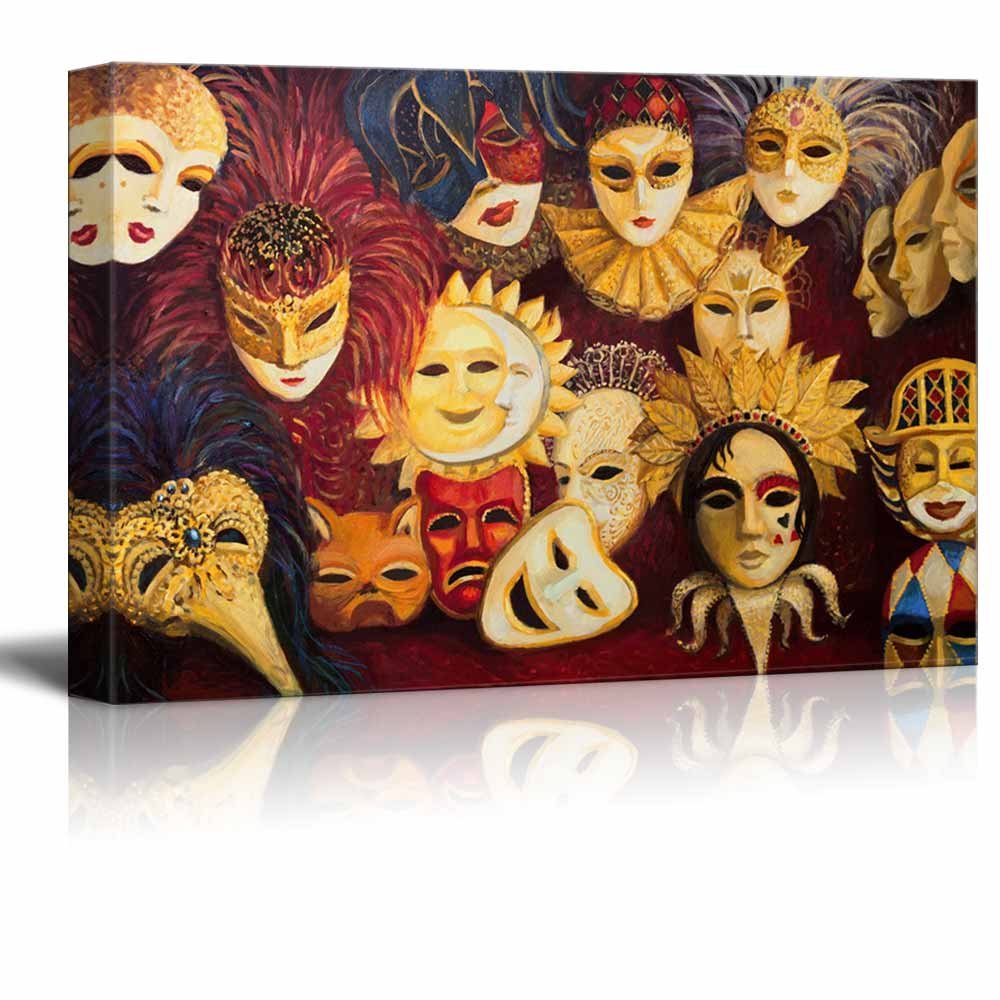 Venetian Masks Canvas Prints - Traditional Oil Painting Style Colorful Ornate Wall Art | Modern Home Decor, Stretched Gallery Wraps Giclee Print Ready to Hang (32