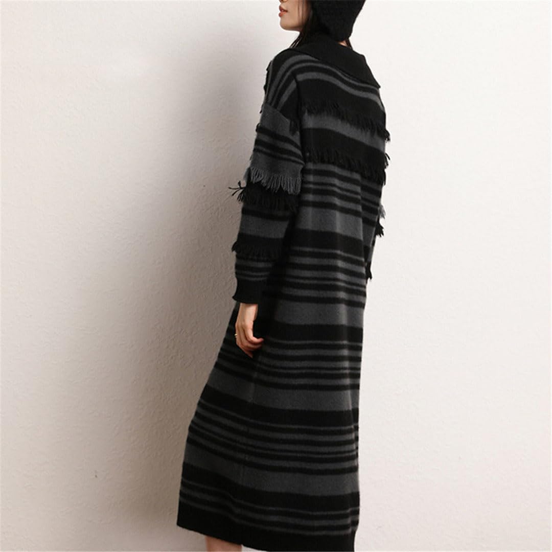 Women's Cashmere Sweater & Long Skirt Set - Striped Knit Dress for Autumn Winter - Plus Size Loose Fit Cozy Outfit for Casual Wear, Office & Date Nights