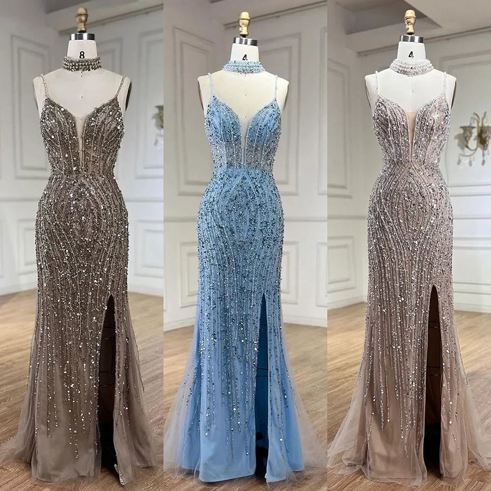 Elegant Silver Beaded Mermaid Evening Dress with Split Strap - Women's Prom Gown for Party & Special Occasions | LA72047B | Perfect for Weddings, Galas, and Formal Events