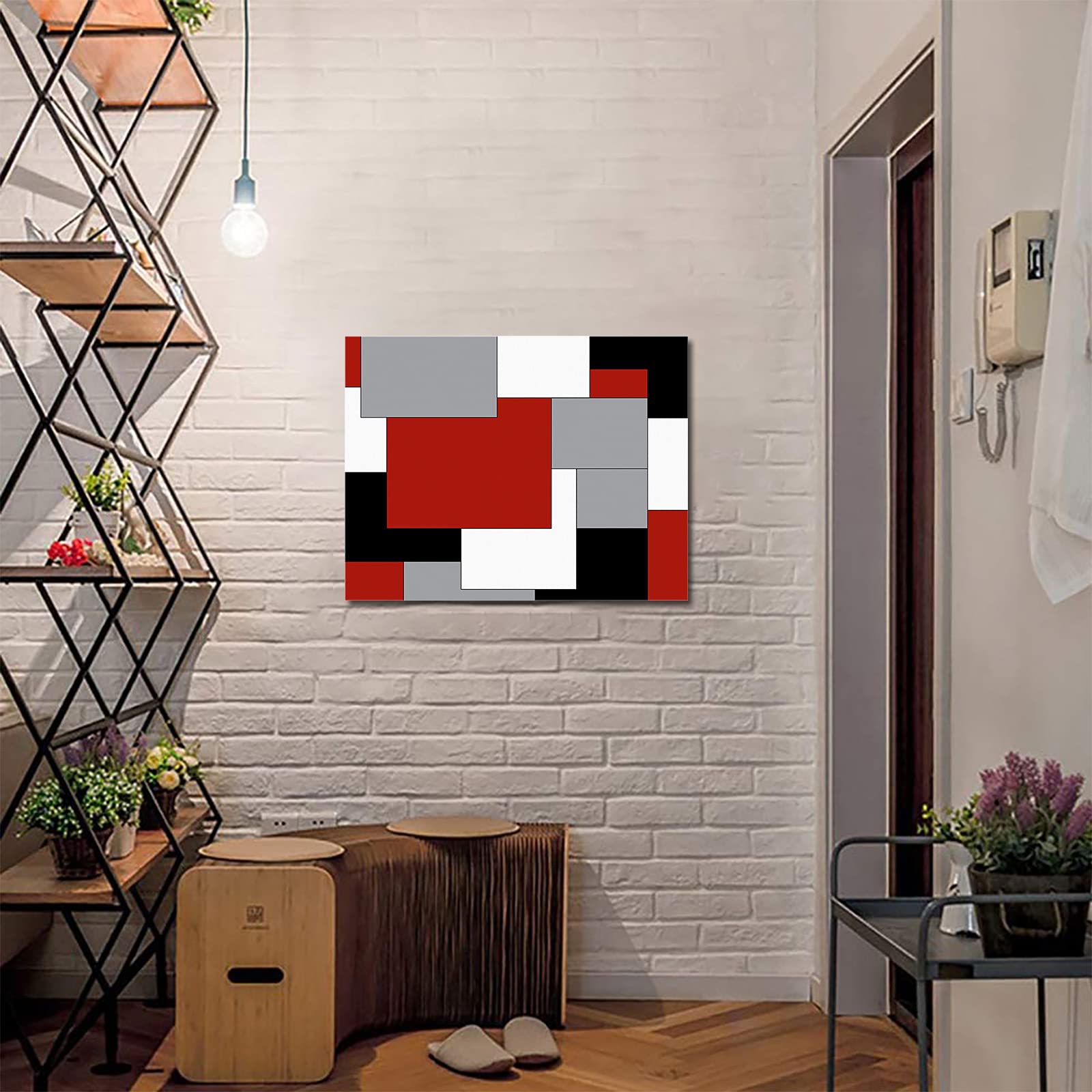 Mid Century Abstract Geometric 3D Framed Canvas Wall Art - Red Gray Black Digital Print Painting for Living Room, Office & Kitchen Decor - 20x24 Inch Modern Home Decoration | Perfect for Contemporary Spaces & Gift Giving