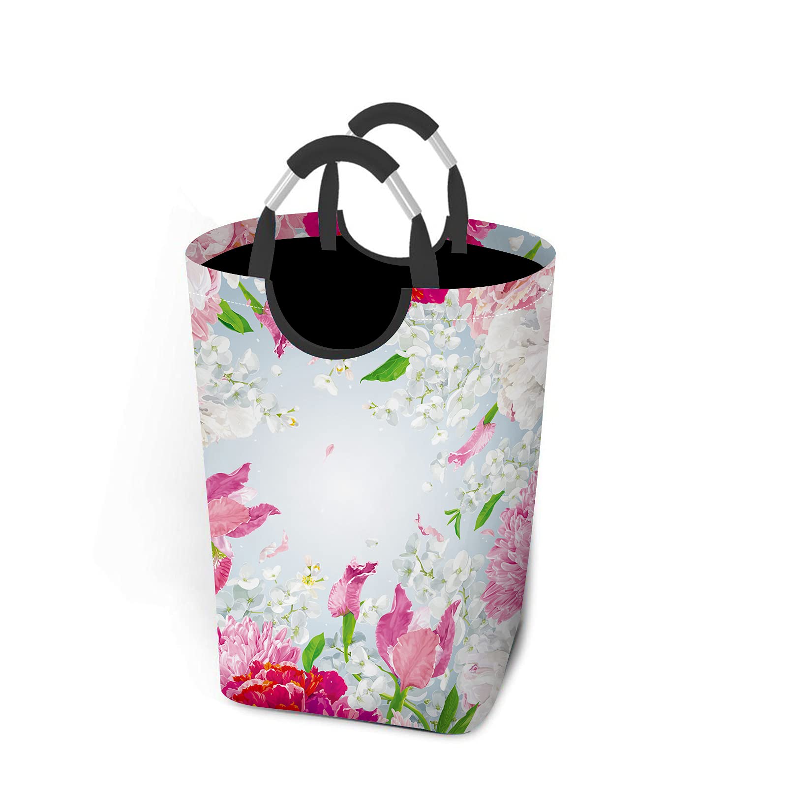 Floral Print Laundry Hamper Basket with Handles - Woven Clothes Organizer for Bedroom, Nursery, or Playroom | Perfect for Toys, Blankets & Clothing Storage | Chrysanthemum Iris Hydrangea Peony Apple Blossom Design