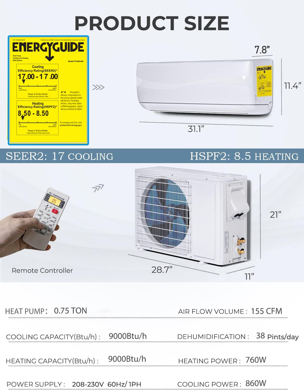 SIMOE 9000BTU Mini Split AC - 208-230V Wall-Mounted Inverter Air Conditioner & Heat Pump System | Energy Efficient 2/3 Ton Ductless HVAC with 17 SEER2 Rating | Perfect for Bedrooms, Living Rooms & Small Offices