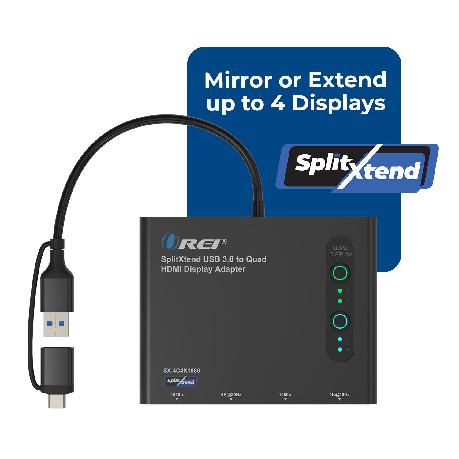 SplitXtend USB 3.0 to Quad HDMI Display Adapter - 4K 1080P Multi-Monitor Extender (SX 4C4K1080) for Home Office, Gaming & Video Editing Workstations