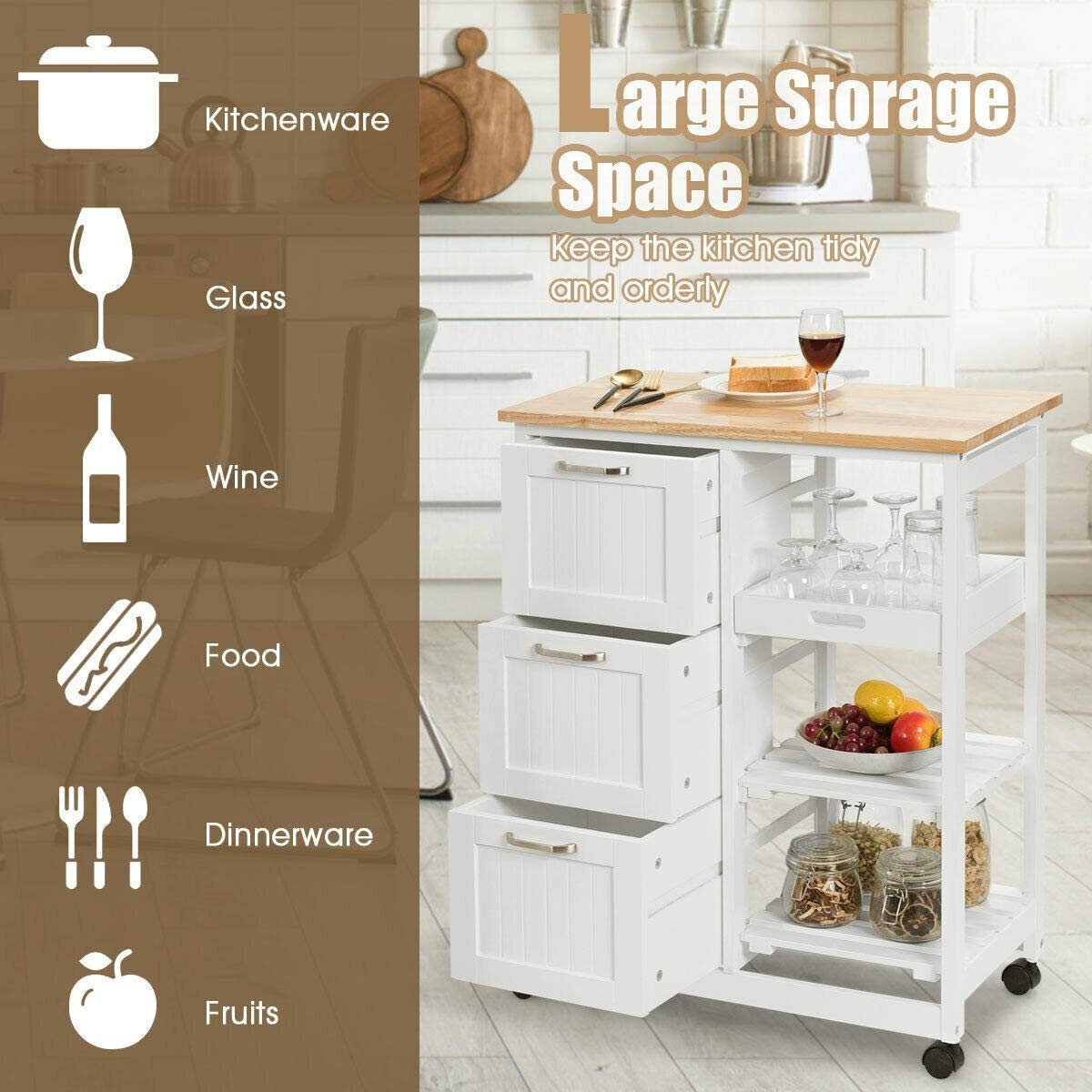 3-Tier Rolling Kitchen Island Cart with Wheels & Storage Drawers - Industrial Wood Serving Cart, Mobile Storage Cabinet for Kitchen, Dining Room, or Bar - White