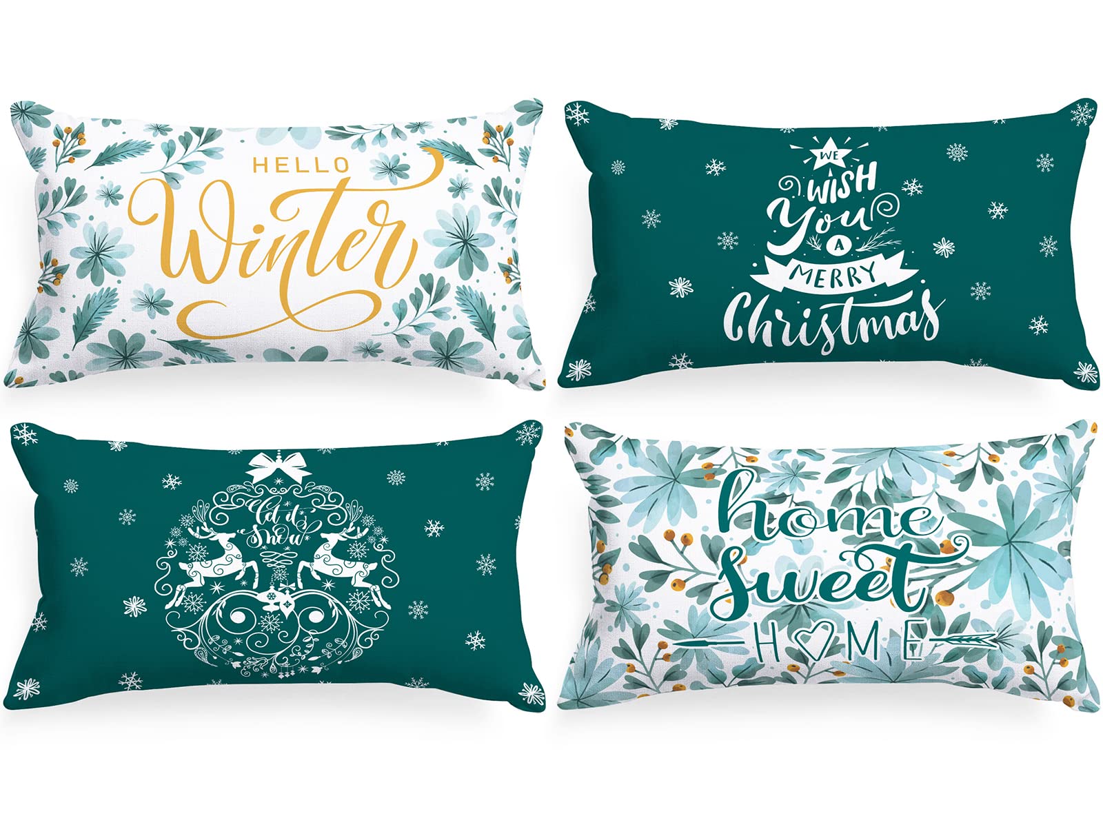 Lanpn Merry Christmas Lumbar Throw Pillow Covers 12x20 (Set of 4) - Decorative Teal Holiday Cushion Covers for Sofa, Bed & Home Decor | Perfect for Winter, Xmas Tree & Fireplace Cozy Decorations