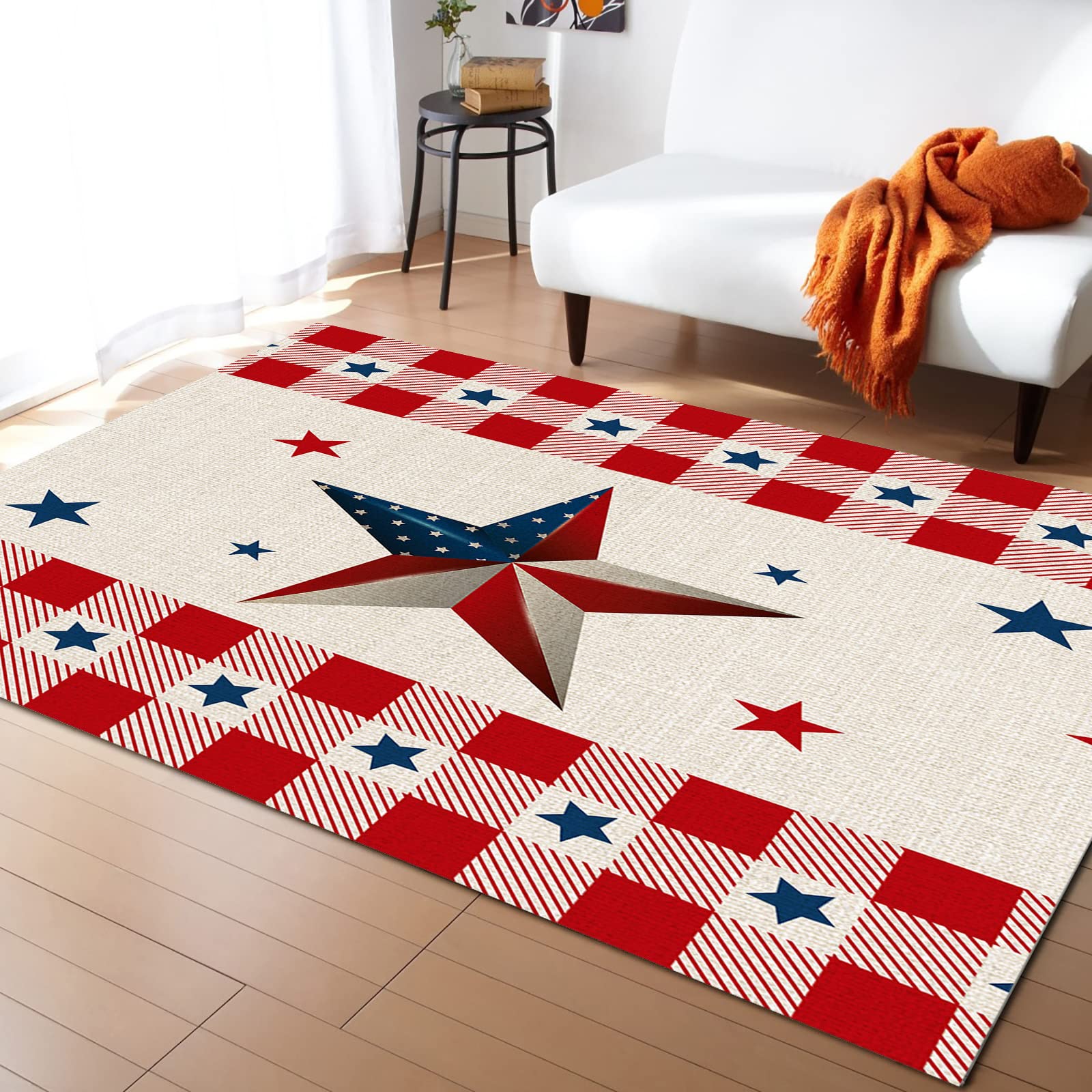 Patriotic Red Blue Star Area Rug 5'x8' - Washable Indoor Outdoor Rug for Kitchen, Living Room, Bathroom, Bedroom | 4th of July Decor, Burlap Plaid Welcome Mat - Perfect for Independence Day Celebrations, Home Decor & Classroom Use