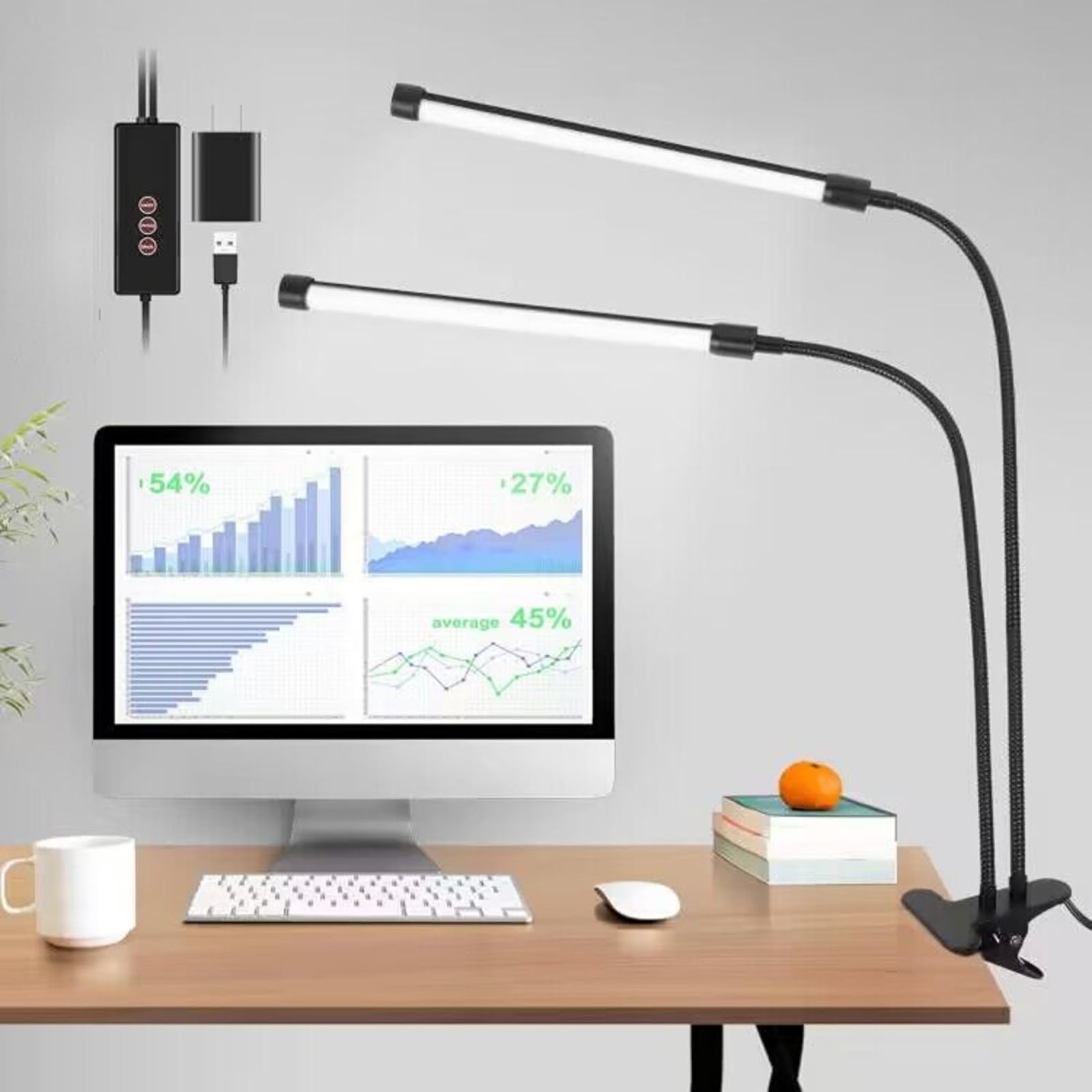 **Dual Head Eye-Care Desk Lamp with Clamp - 3 Color Modes & 5-Level Dimmer, 360° Adjustable Clip-On Light for Reading, Working, Bedroom & Music Stand - Perfect for Study, Office & Nightstand Use**