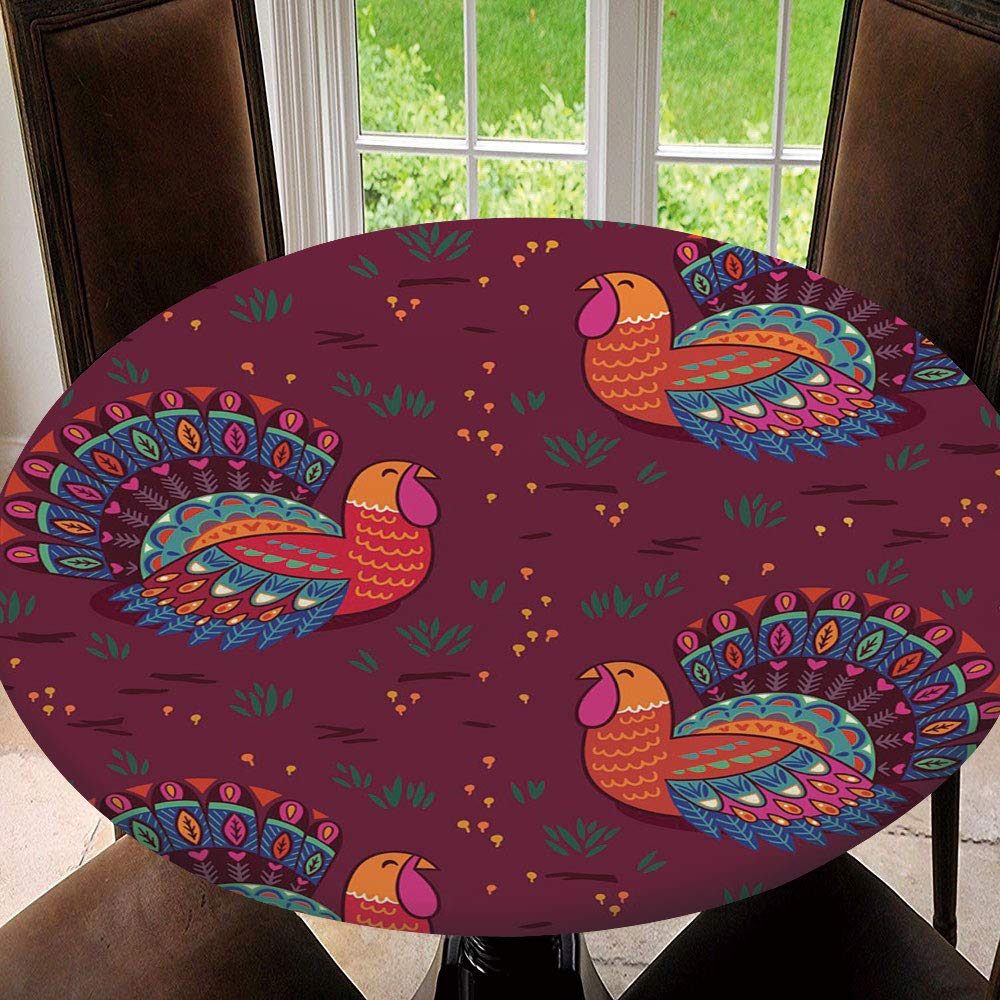 Round Elastic Edge Tablecloth - Happy Thanksgiving Seamless Pattern Table Cover for 35