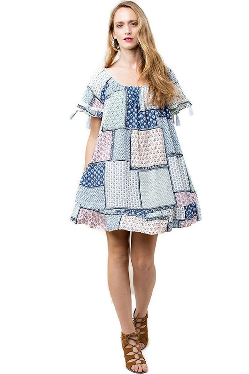 Kori America Women's Bohemian Tassel Mini Swing Dress - Flowy Summer Party Dress for Beach, Vacation & Date Night