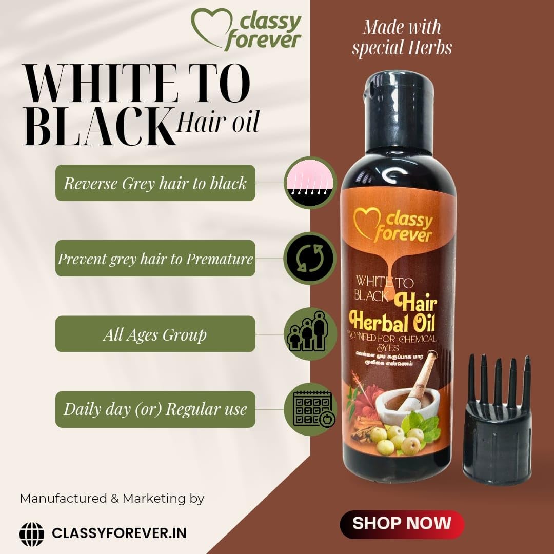 CLASSY FOREVER White to Black Hair Oil - Hibiscus Scented, Dye-Free, Natural Color Restoring Treatment for Gray Hair - Perfect for Daily Use & Special Occasions