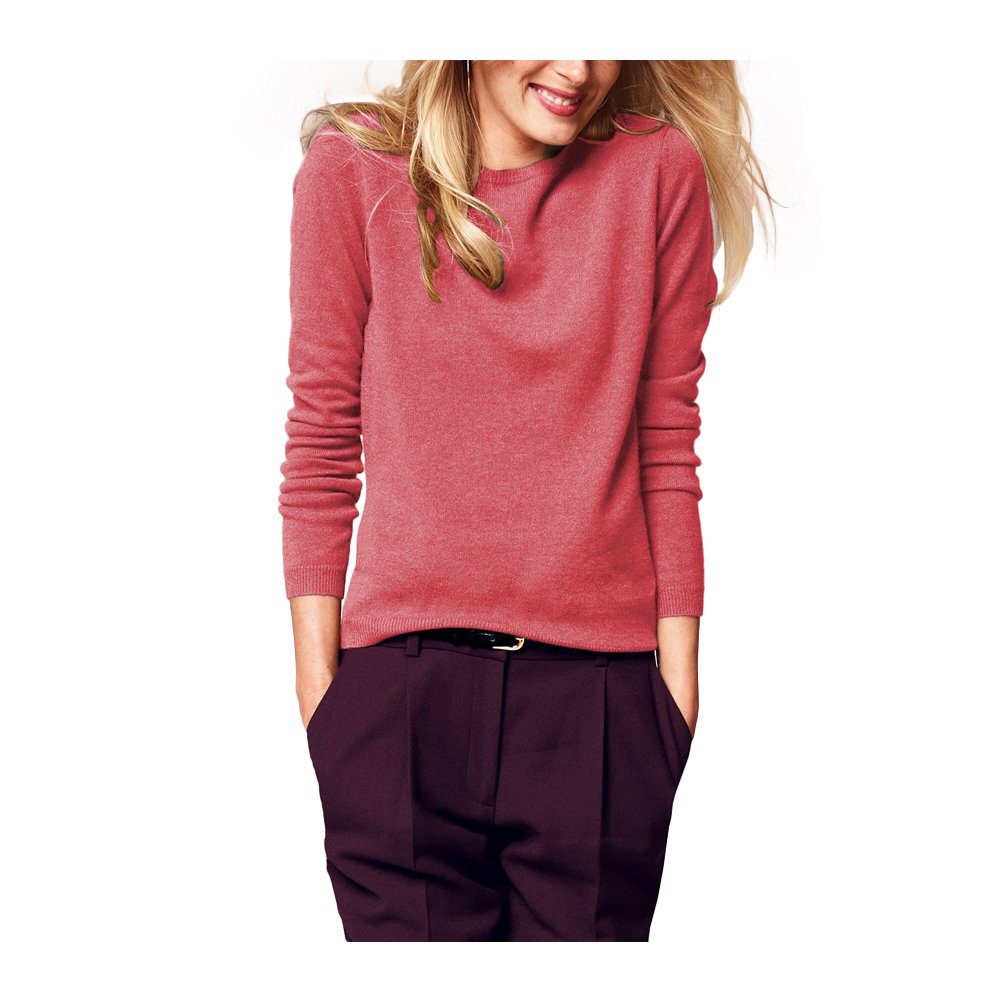 Parisbonbon Women's 100% Pure Cashmere Crew Neck Sweater - Soft & Warm Coral Pink Pullover, Size M - Perfect for Fall/Winter Layering & Office Wear