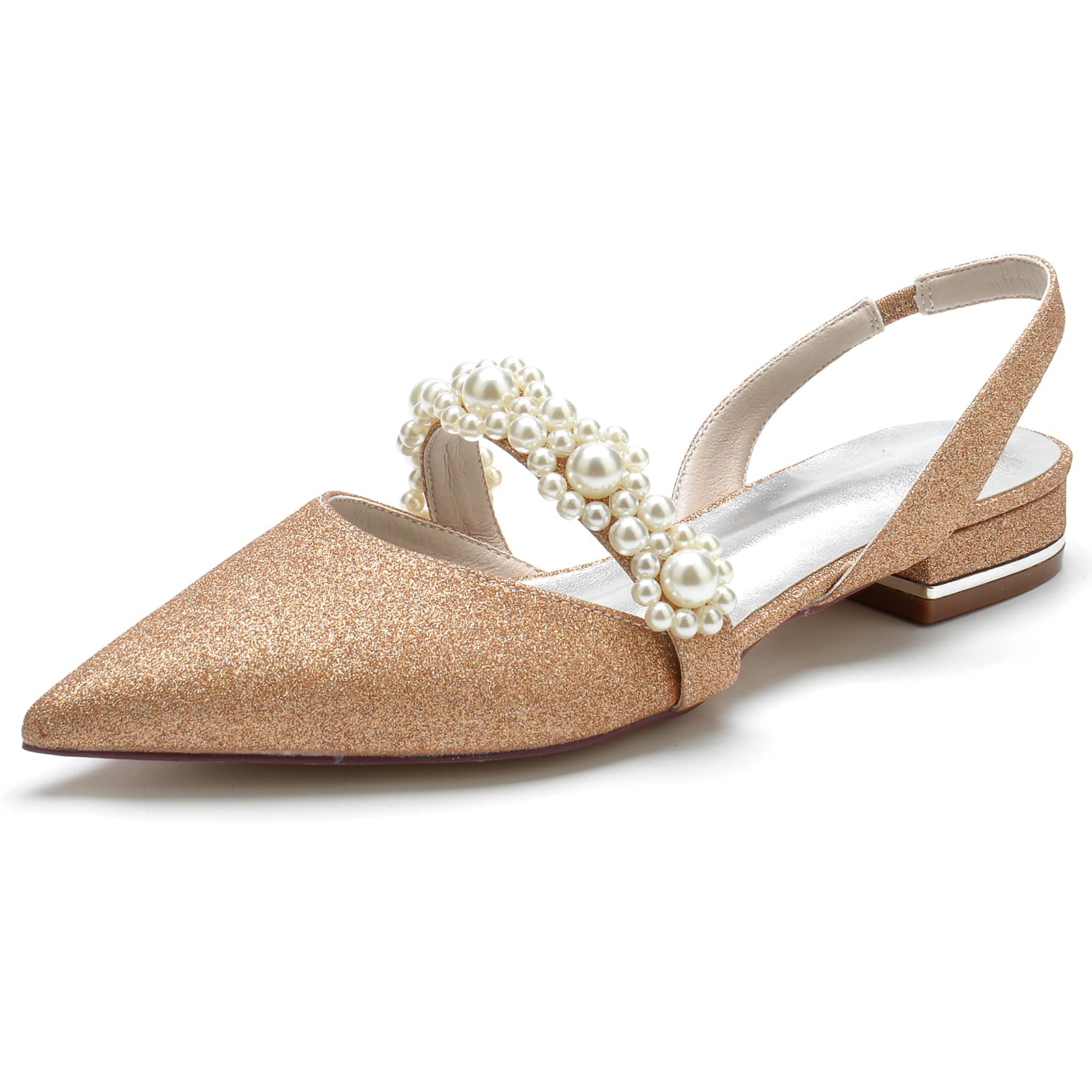 Sparkly Closed Toe Satin Pearl Wedding Flats - Comfortable Mary Jane Bridal Shoes for Bride | Slip-On Women's Dress Pumps for Evening, Prom, Party & Special Occasions