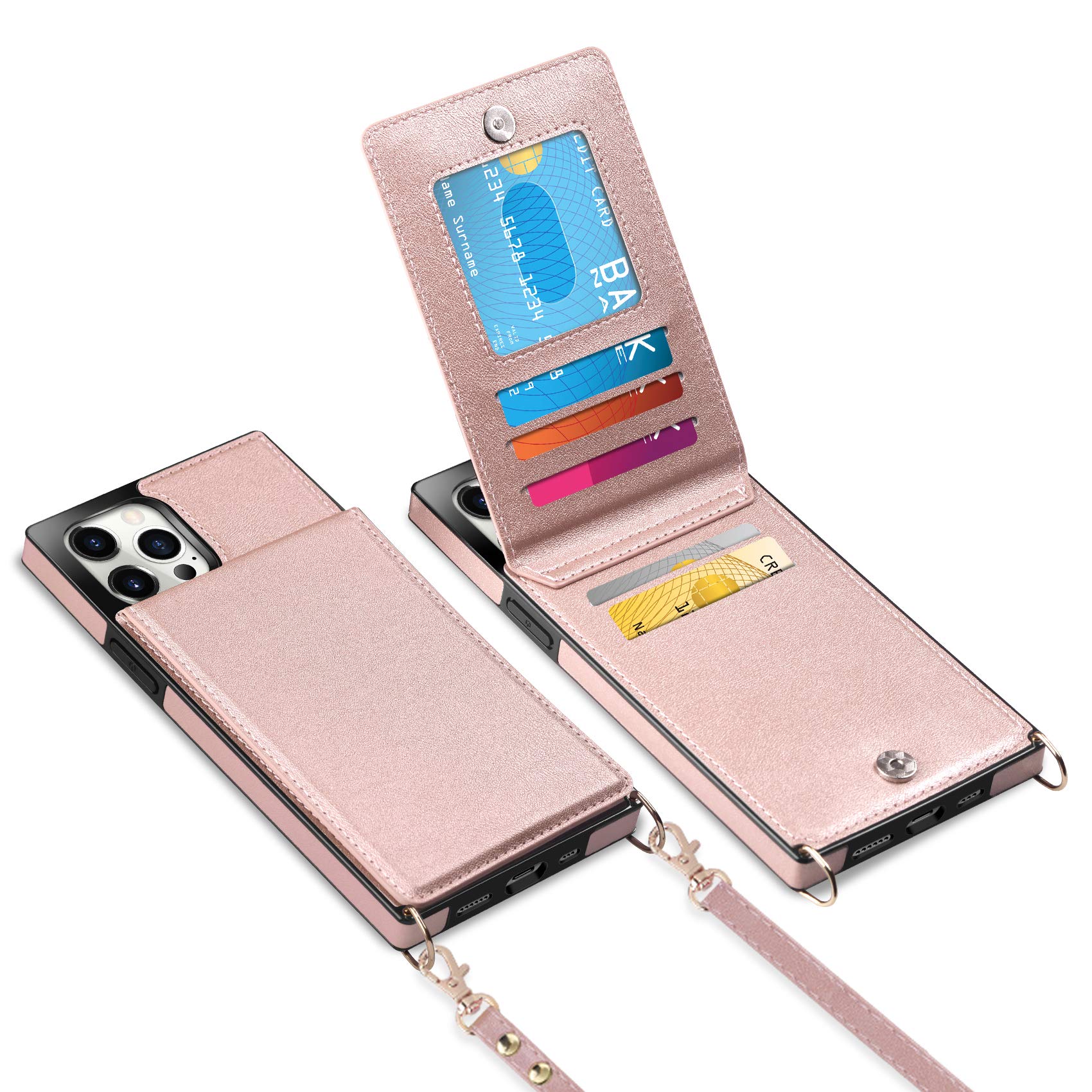 Vofolen Premium Leather Wallet Case for iPhone 12 Pro Max - Magnetic Flip Folio with Card Holder, Crossbody Lanyard & Heavy Duty Protection - Women's Rose Gold Design (Perfect for Travel, Work & Everyday Use)