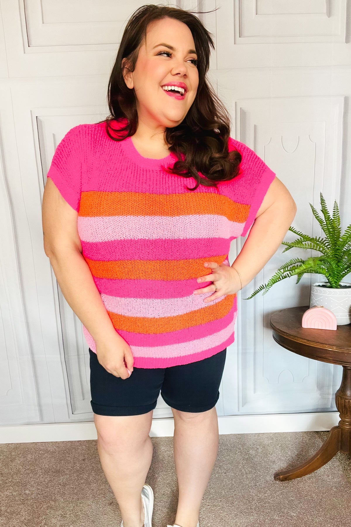 Haptics Fuchsia & Orange Stripe Short Sleeve Dolman Sweater for Women - Soft Casual Pullover Top for Everyday Wear, Date Night & Office Outfits