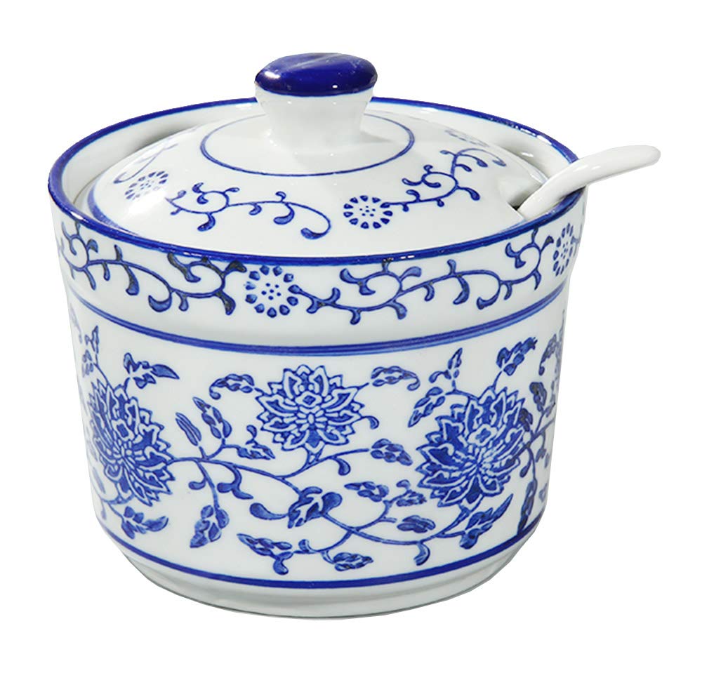 123Arts Ceramic Blue and White Sugar Bowl with Lid and Spoon - Elegant Spice Jar for Tea, Coffee & Kitchen Storage - Perfect for Sugar, Salt, Spices & Seasonings