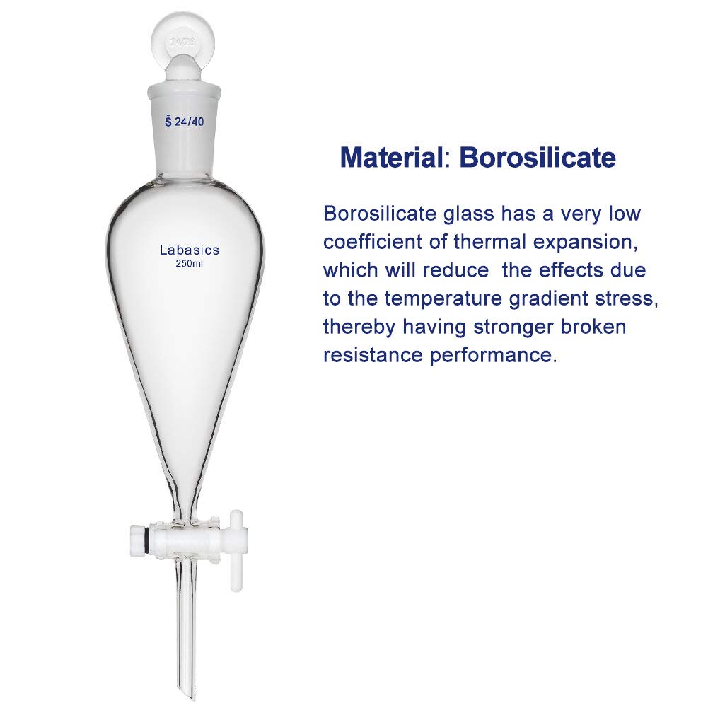 Labasics 250ml Borosilicate Glass Conical Separatory Funnel with PTFE Stopcock - 250mL for Chemistry Lab, Essential Oil Extraction & Liquid Separation