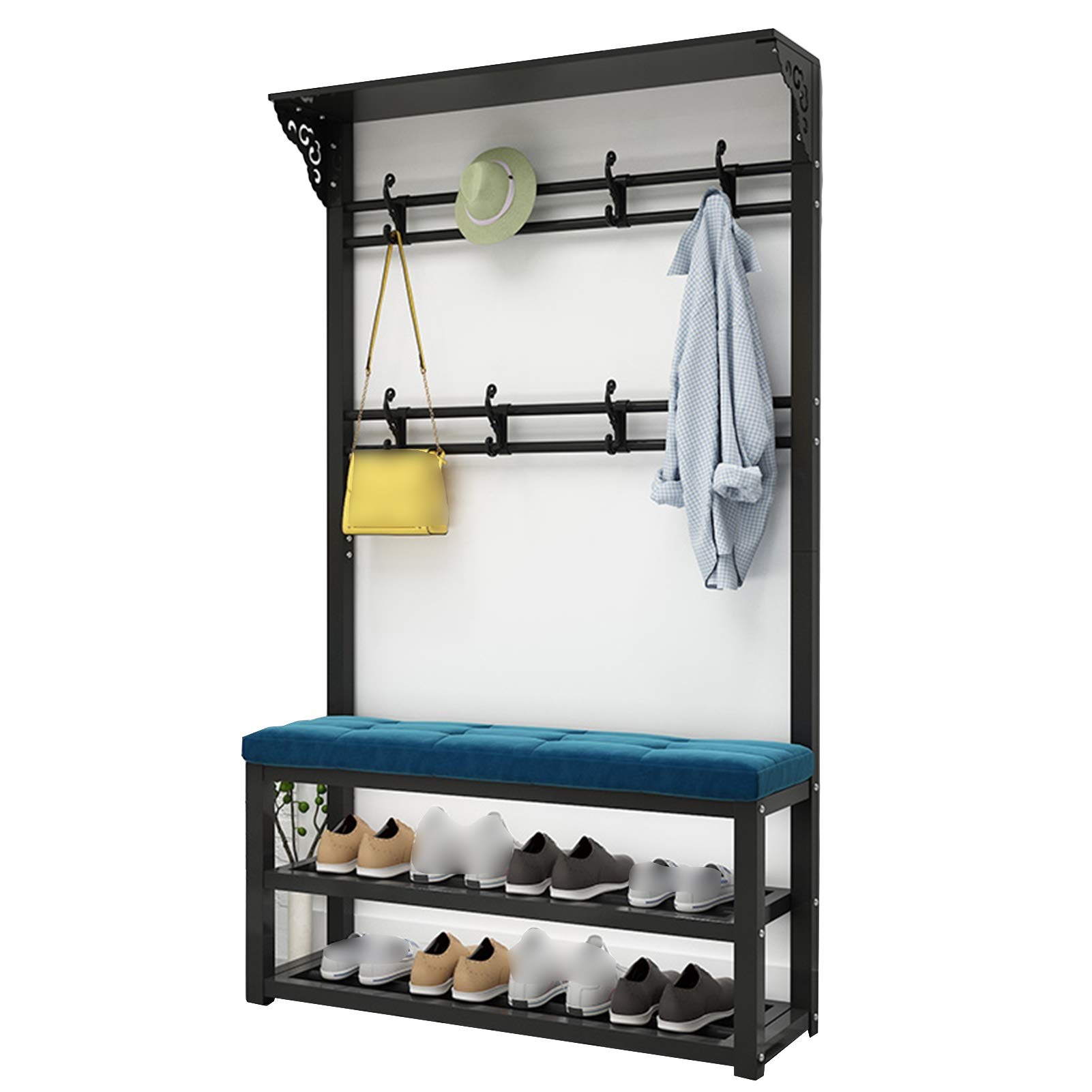 XINGLL 3-in-1 Coat Rack with Bench - Metal Entryway Organizer for Hats, Shoes & Clothes - 4-Tier Storage Hooks - Blue Hallway Furniture (100x30x172cm) - Perfect for Small Spaces, Apartments & Entryway Organization