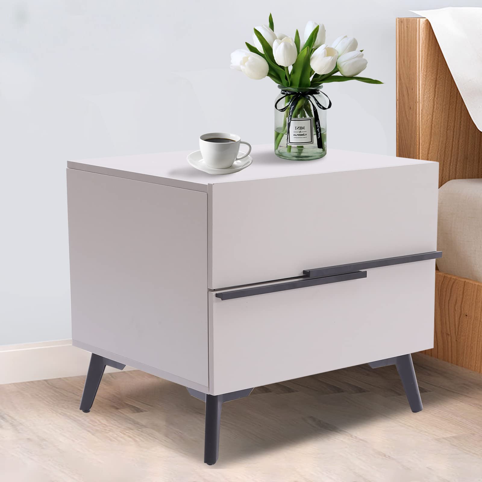Modern Nightstand with 2 Drawers - Wooden Bedside Table for Bedroom Storage | Compact End Table for Small Spaces, Apartment Living & Guest Rooms