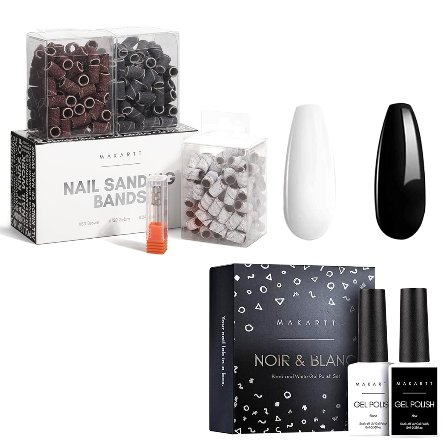 Makartt Professional Gel Nail Polish Kit - 300Pcs Nail Drill Bits & Sanding Bands (80/150/240 Grits) - Black & White Soak Off UV LED Nail Gel Polish Set - Perfect for Salon, Home Manicures & Nail Art Designs