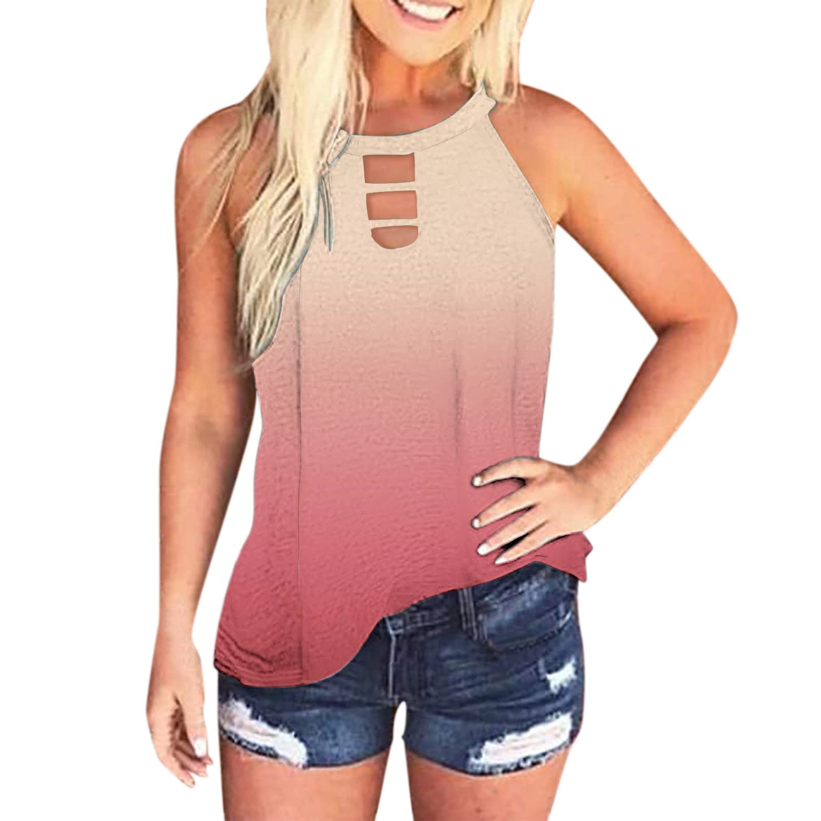 Women's Summer Sleeveless Tank Tops - Casual Beach Hollow Out Cami Shirts with Crew Neck & Graphic Design | Perfect for Beach Outings, Vacations & Summer Fashion