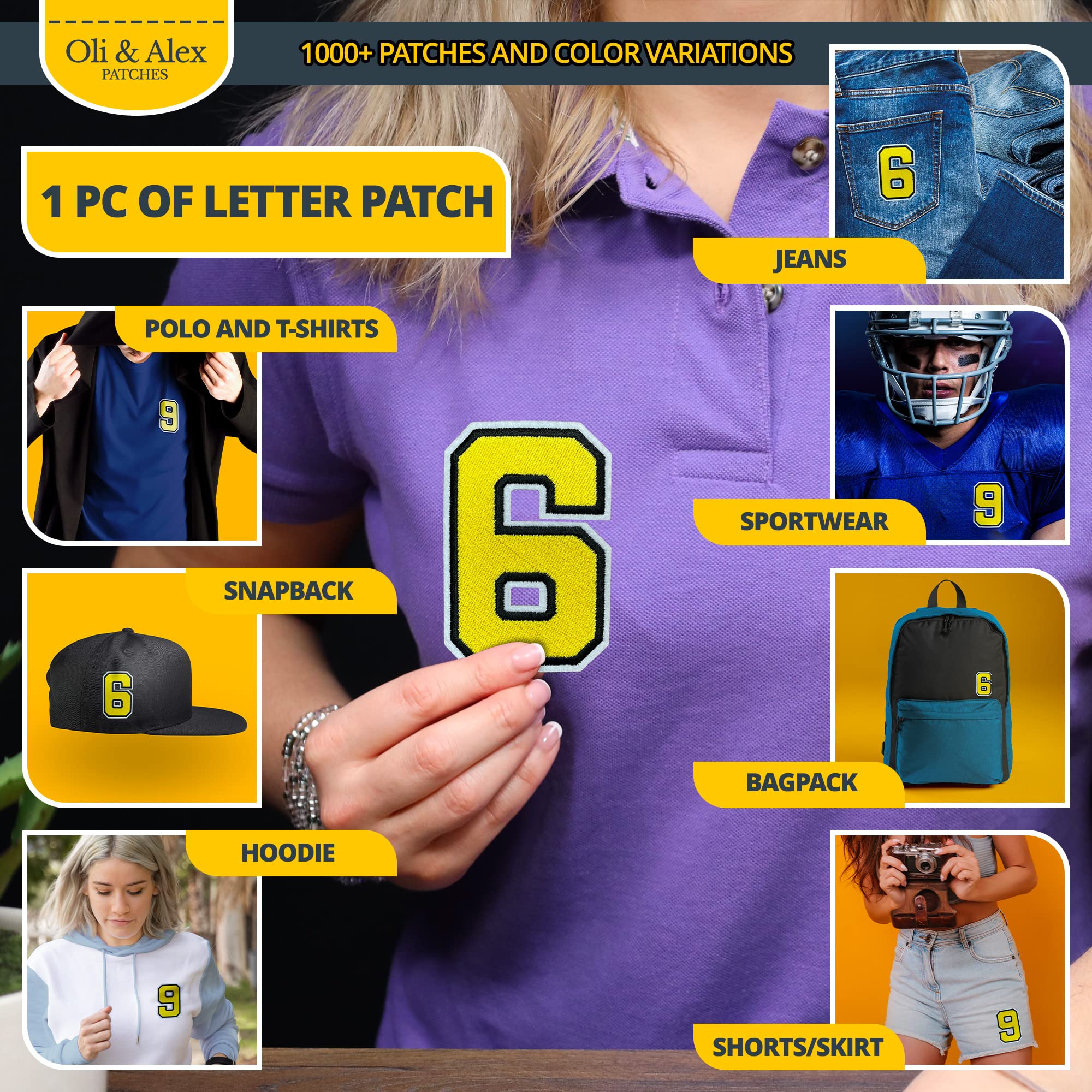 Yellow Iron On Patches - Embroidered Number 6 & 9 Applique for Clothes | No-Sew Fabric Repair Patches for Jackets, Jeans & Sportswear | DIY Customization & Decorative Clothing Upgrade