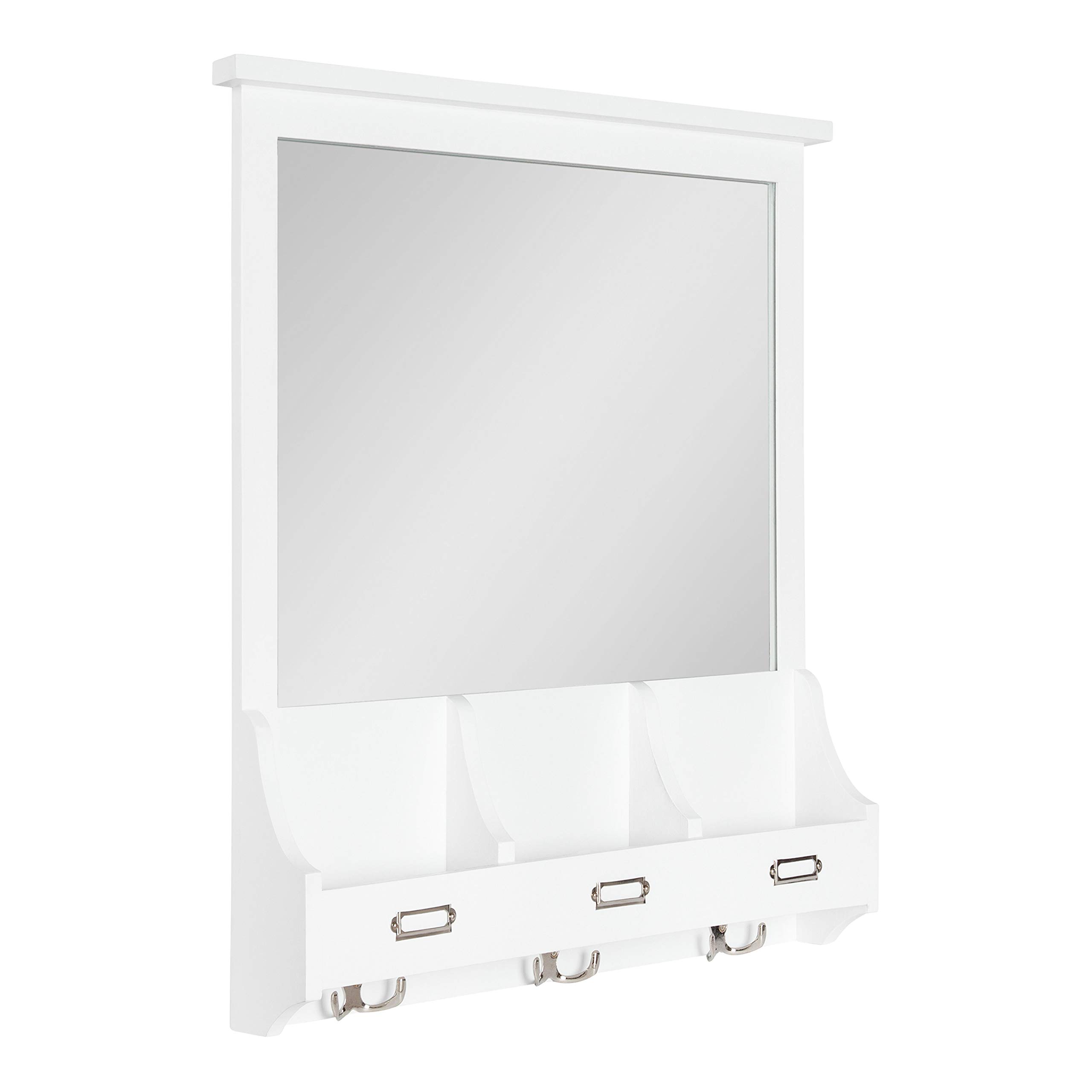 Kate and Laurel Stallard Decorative Wood Wall Organizer with Mirror, Pockets & Key Hooks - White | Entryway Storage Solution for Keys, Mail & Essentials | Perfect for Hallway, Bedroom or Office Organization