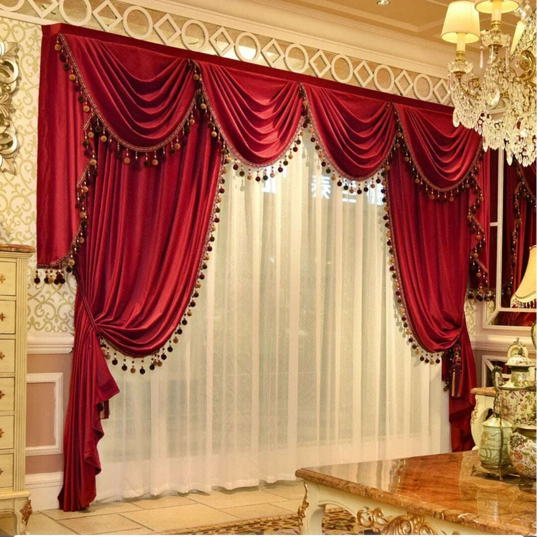 Mila Classic Velvet Curtains with Pompom Lace Trim - Red Blackout Drapes for Living Room & Bedroom - Elegant Window Treatment for Home Decor