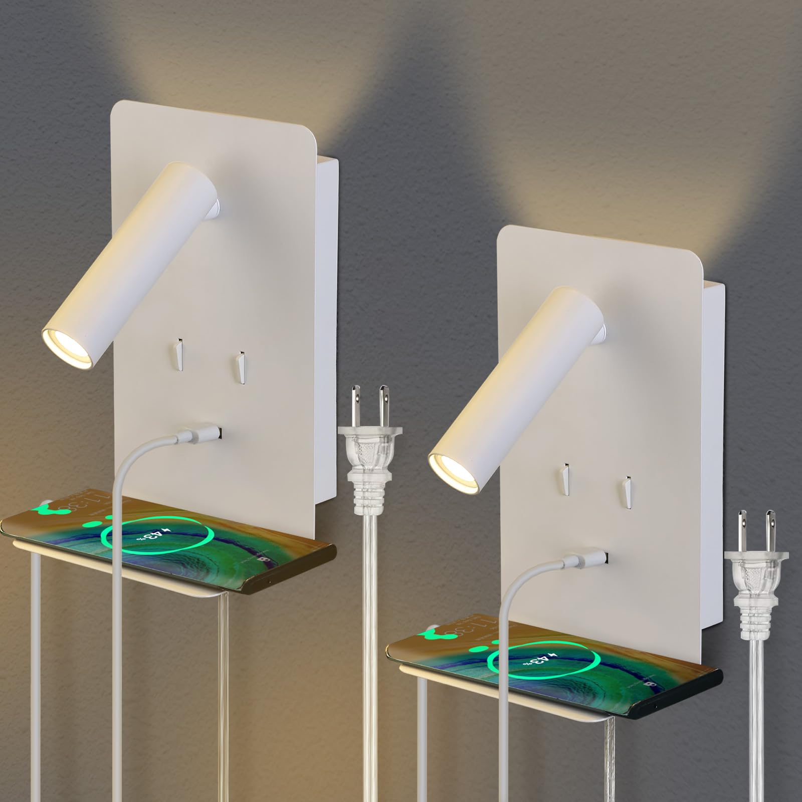 ZEROUNO Plug-in Wall Sconces Set of 2 - Adjustable Bedside Reading Lights with USB Port & Shelf - Modern Wall Mounted Lamps for Bedroom, Living Room, and Office - Perfect for Reading, Working, and Ambient Lighting