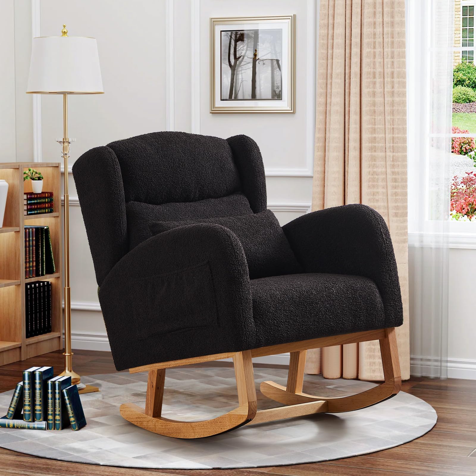 **Antetek Modern Rocking Chair - High Back Teddy Upholstered Nursery Rocker with Lumbar Pillow, Wingback Accent Armchair for Living Room, Bedroom & Nursery - Perfect for Nursing, Relaxing & Decor (Black)**
