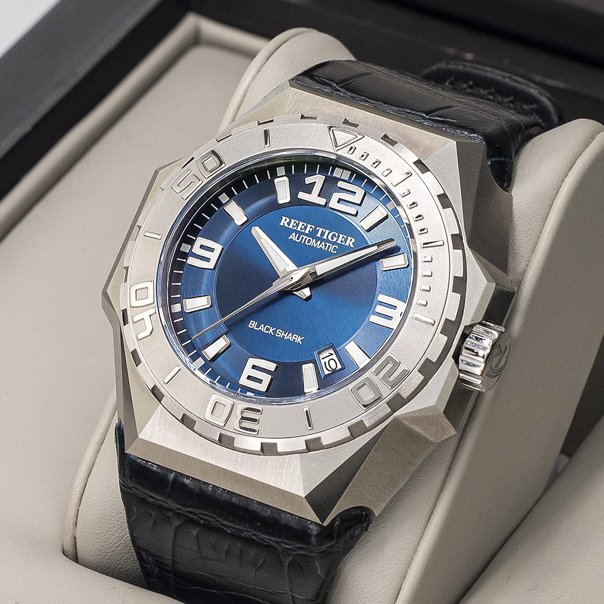 REEF TIGER RT RGA6903 Men's Automatic Diving Watch - Blue Dial, Stainless Steel Case, Big Sport Mechanical Watch for Outdoor, Swimming & Casual Wear