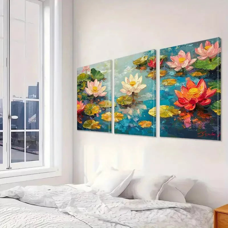 3pcs Pink Lotus Flower Canvas Art Set - Framed Wall Decor 50x70cm, High Quality Print, Ready to Hang | Australian Made Home & Office Decoration for Living Room, Bedroom, Spa