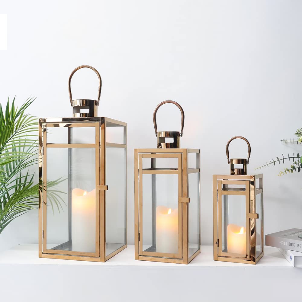 TRIROCKS Set of 3 Stainless Steel Candle Lanterns - 19 Inch Tall Metal Candle Holders with Clear Glass Panels for Home Decor, Living Room, Wedding, Party, Indoor & Outdoor Use (Rose Gold) - Perfect for Dining Table, Garden, Patio, and Fireplace Decor