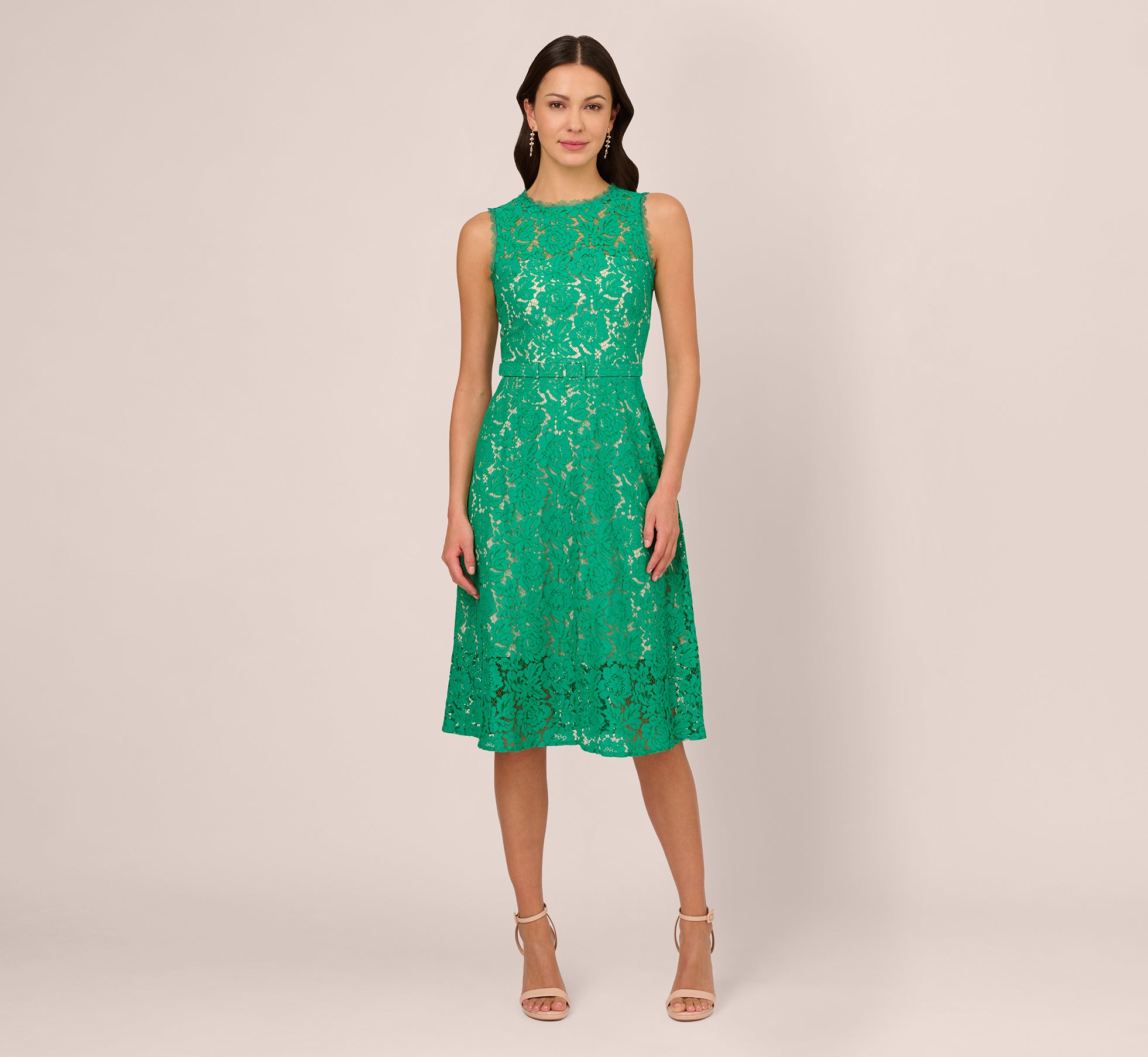 Botanic Green Sleeveless Lace Fit & Flare Dress with Sheer Details - Perfect for Summer Weddings, Garden Parties & Cocktail Events