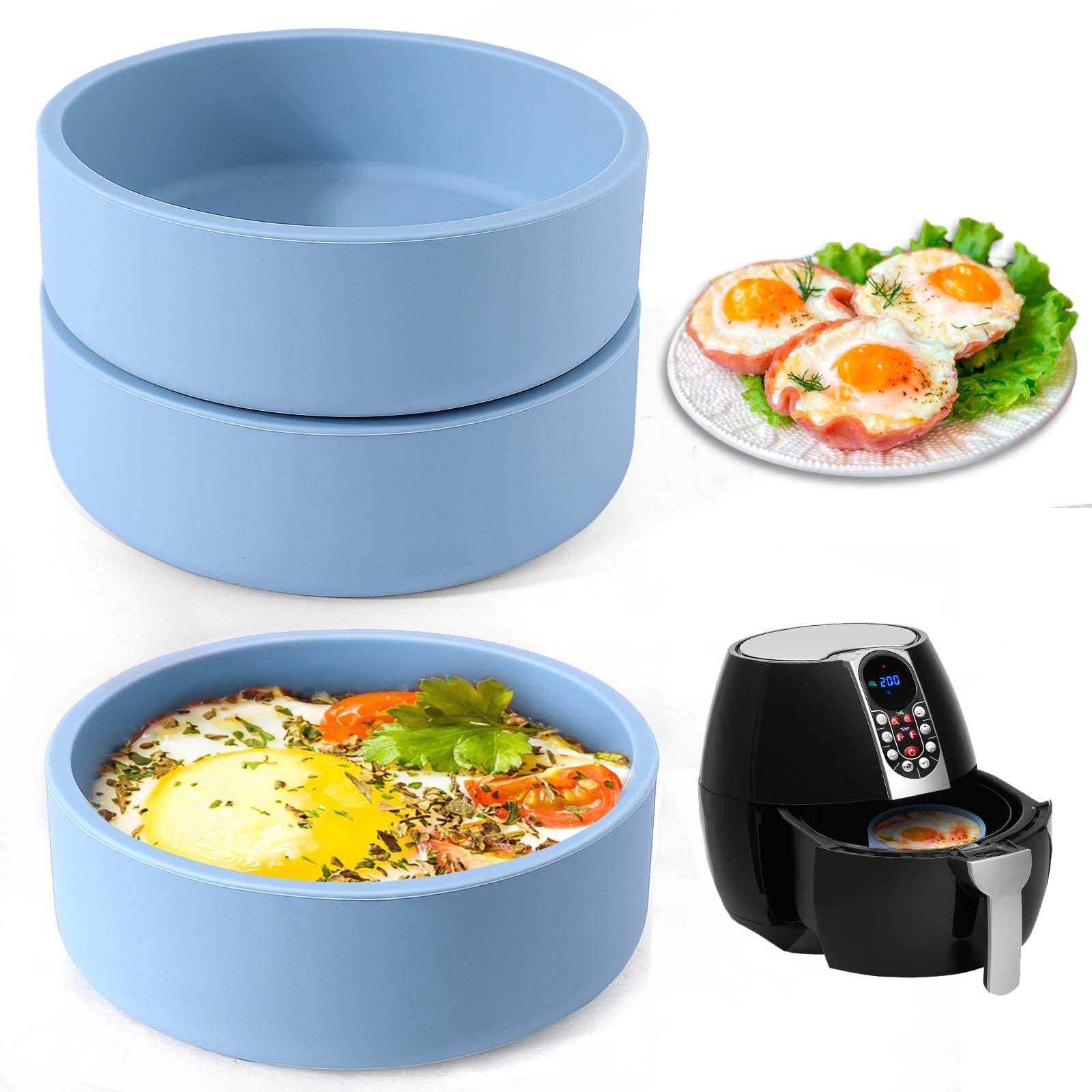 XANGNIER 3-Piece Silicone Air Fryer Egg Mold Set - Reusable Nonstick Egg Bites Pan for Microwave & Sous Vide Cooking | BPA Free, Dishwasher Safe | Perfect for Keto Breakfast, Meal Prep & Air Fryer Accessories (Blue)