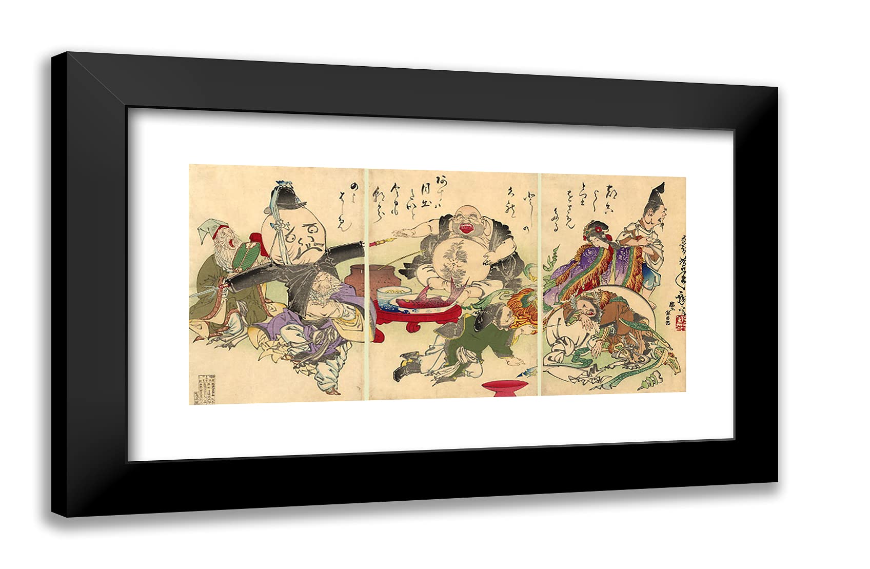 Yoshitoshi Tsukioka The Seven Lucky Gods 24x16 Black Modern Framed Art Print - Perfect for Home Decor, Office Wall Art & Japanese Culture Enthusiasts