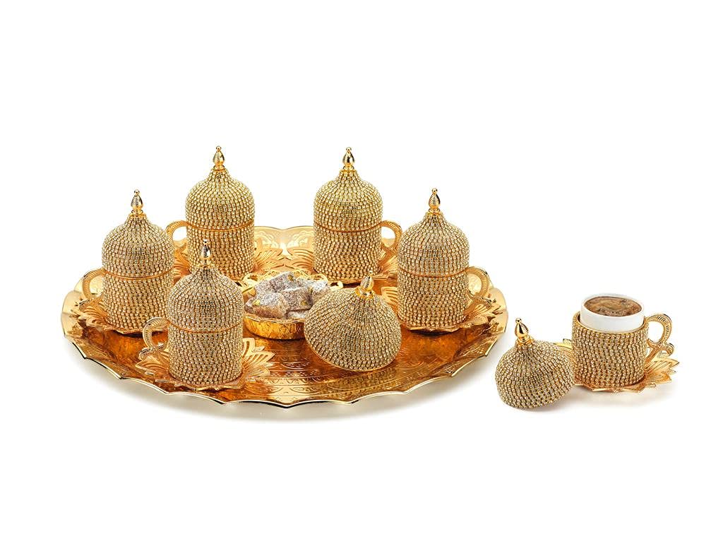 Premium Espresso Coffee Cups Set - Turkish Arabic Greek Coffee Cups with Crystal Stone Coating & Gold Trim - Ideal for Home, Office, or Gifts - Perfect for Coffee Lovers, Weddings, Housewarming & Entertaining Guests