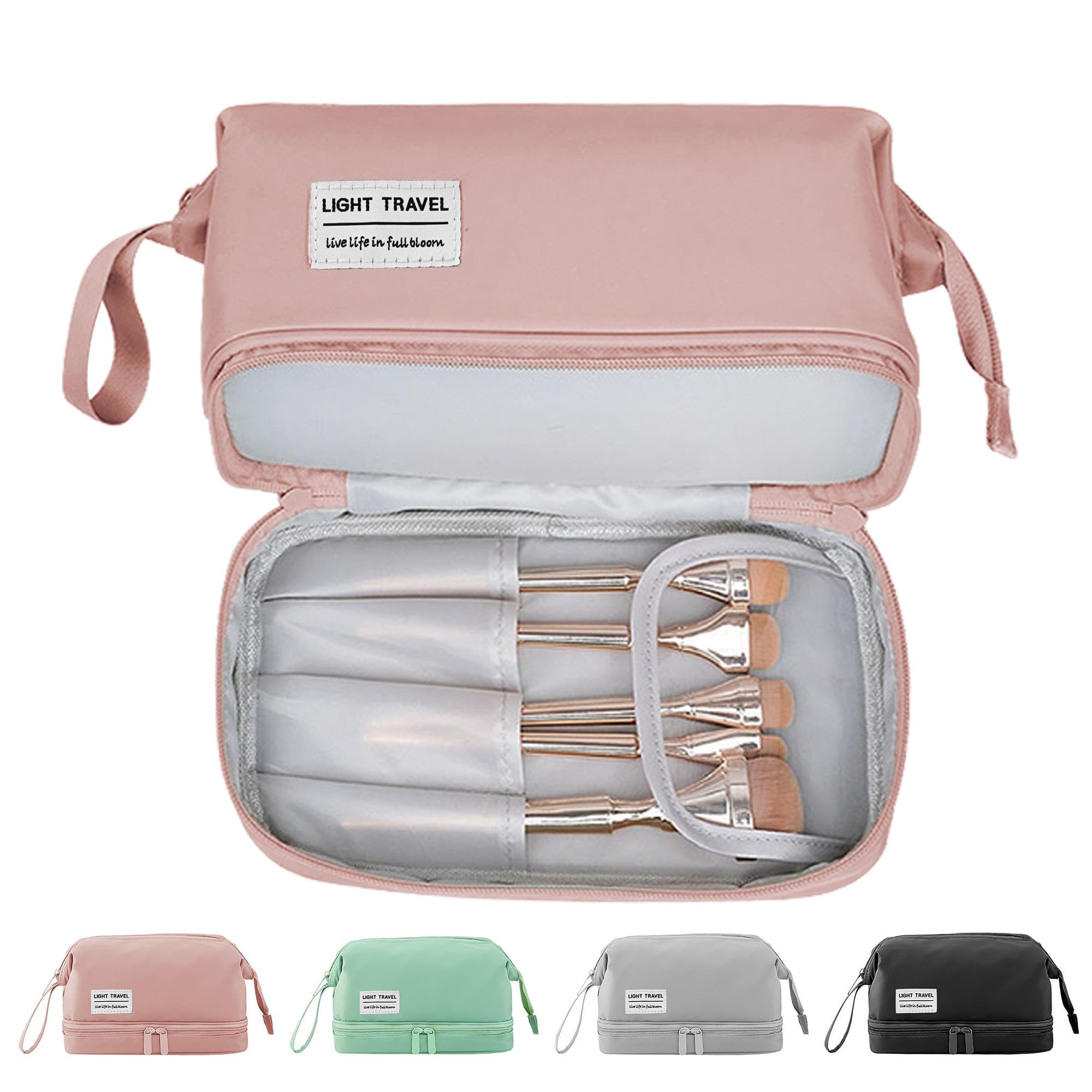 Double Layer Travel Makeup Bag with Brush Holder - Portable Cosmetic Organizer & Toiletry Pouch for Women & Girls (Pink) | Perfect for Travel, Gym, and Daily Beauty Storage