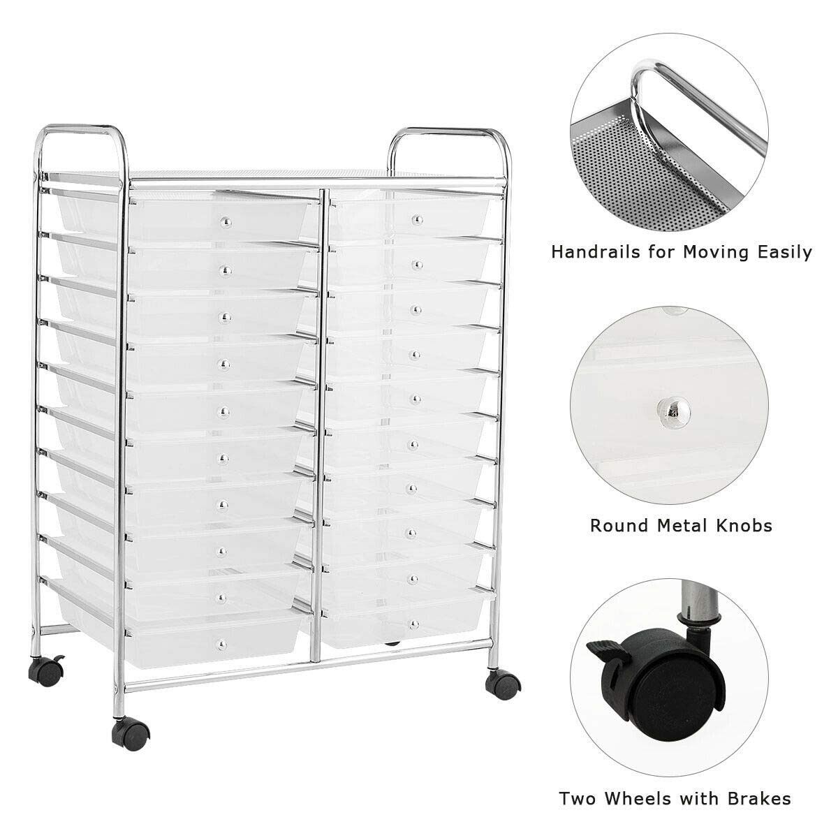 Clear 20-Drawer Rolling Storage Cart - Scrapbook Paper & Craft Organizer with Wheels, Lightweight & Spacious for Home Office Garage School - Perfect for Art Supplies, Stationery, Tools & Classroom Organization