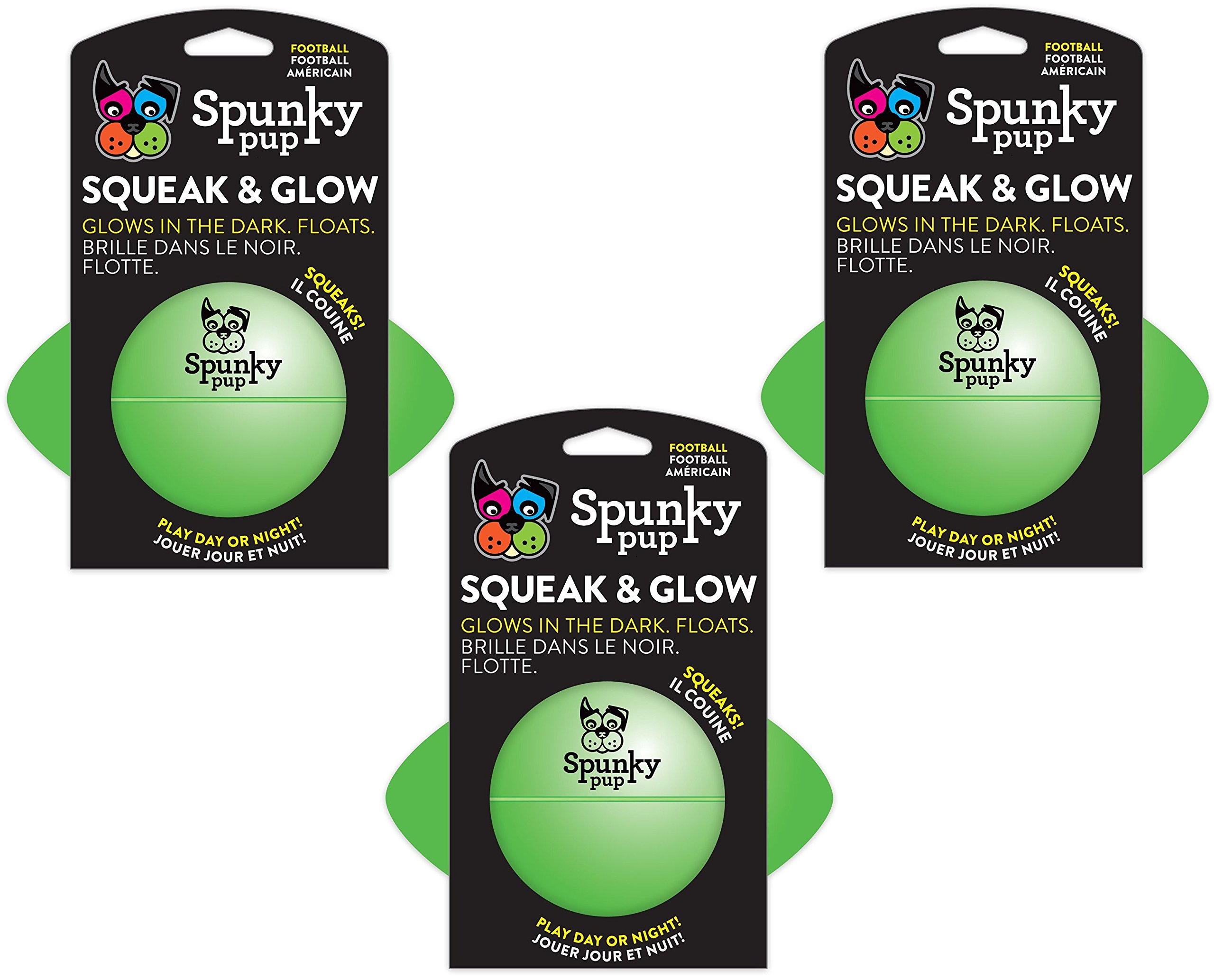 (3 Pack) Spunky Pup Squeak and Glow Football Dog Toys - Durable Chew Toys for Small & Medium Dogs, Interactive Play & Nighttime Fetch - Perfect for Indoor & Outdoor Activities