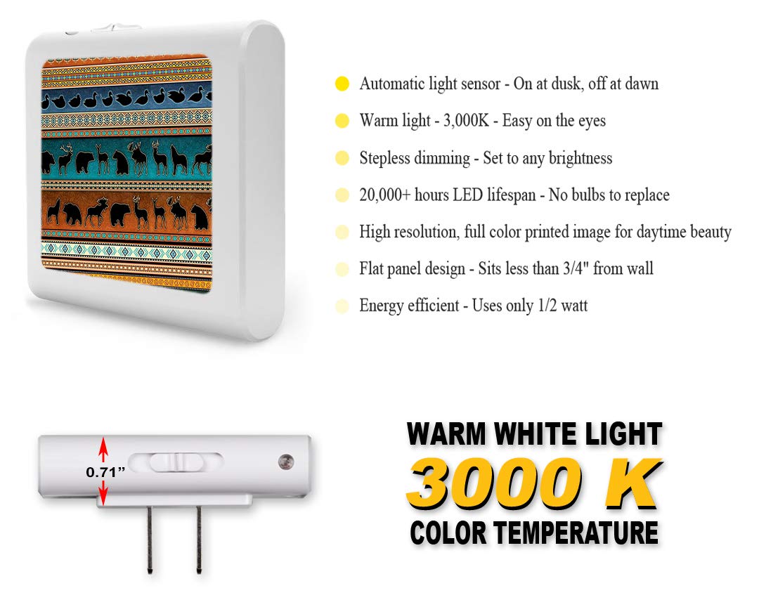 Dimmable LED Night Light with Auto On/Off Sensor, Adjustable Brightness & Warm White Light - Perfect for Bathroom, Hallway, Nursery & Bedroom - Indian Blanket Design by Dan Morris - Ideal for Nighttime Safety & Convenience