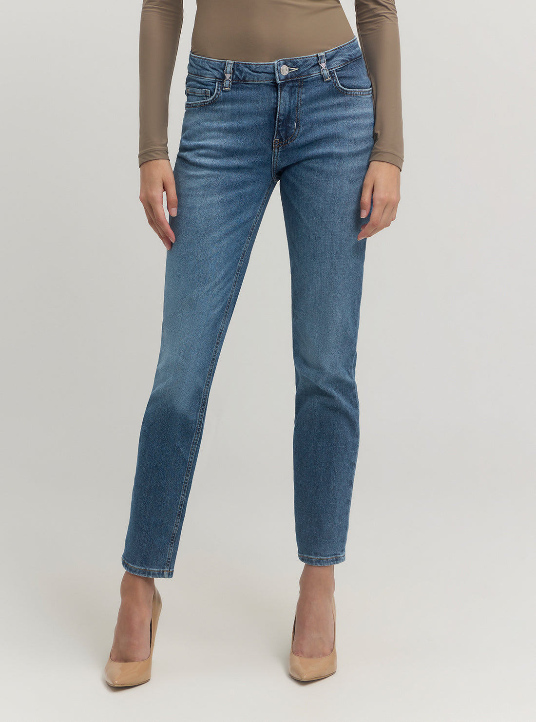 Blue Denim Brooklyn Low Rise Jeans in Mid Wash - Women's Slim Fit Stretch Skinny Jeans for Casual Wear & Everyday Outfits