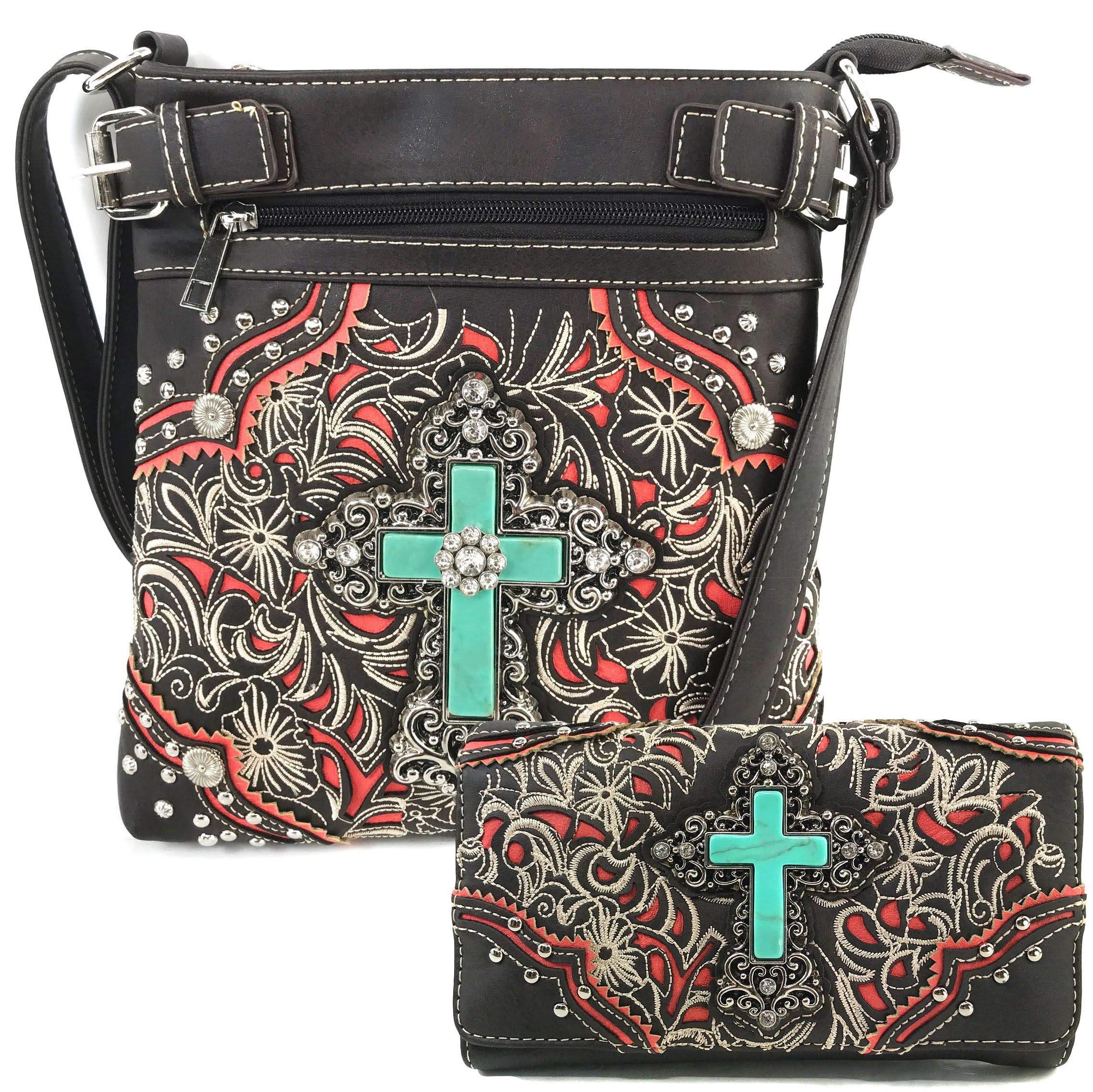 Stylish Western Autumn Floral Turquoise Crossbody Messenger Bag & Wallet Set for Women | Boho Chic Handbag with Cross Design | Perfect for Travel, Shopping, and Daily Use