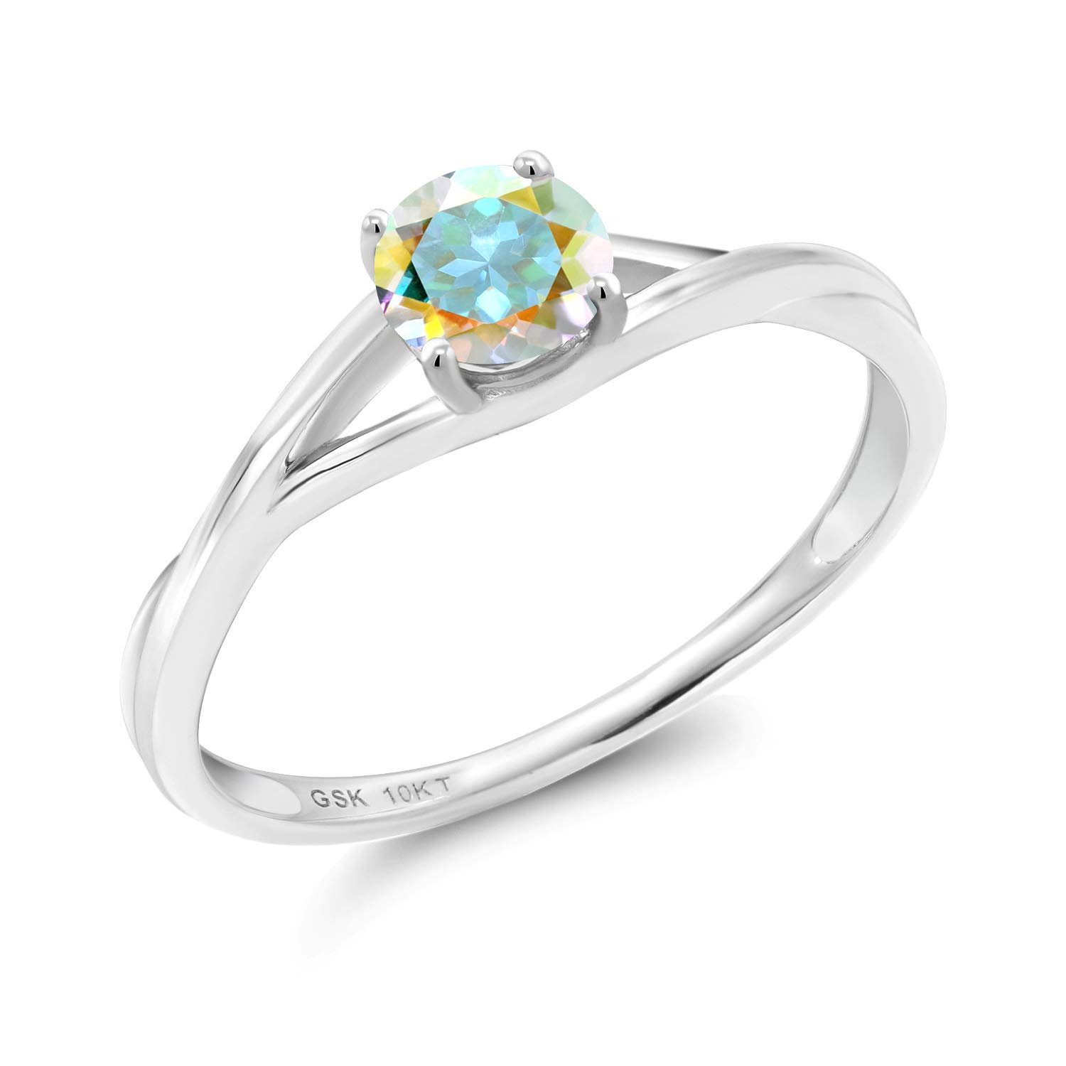 10K White Gold Solitaire Engagement Ring with 0.55 Ct Round Mercury Mist Mystic Topaz - Perfect for Proposals, Anniversaries & Romantic Gifts