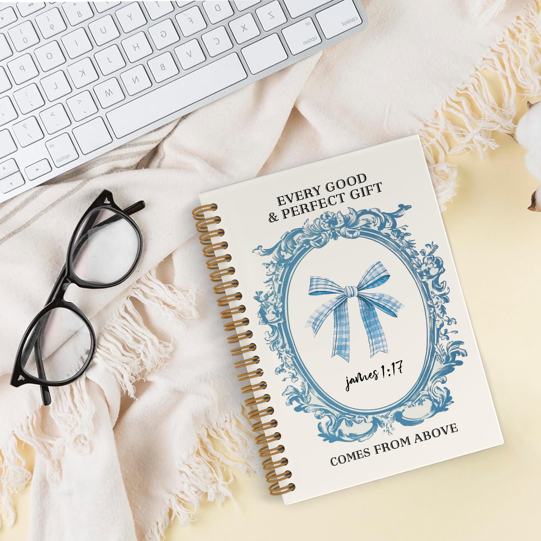 Blue Bow Christian Spiral Notebook for Women - Inspirational Bible Journal & School Notebook with James 1:17 Verse, 5.5x8.3 Inch - Perfect for Bible Study, Note Taking, Office Work & Gift Giving for Women & Girls