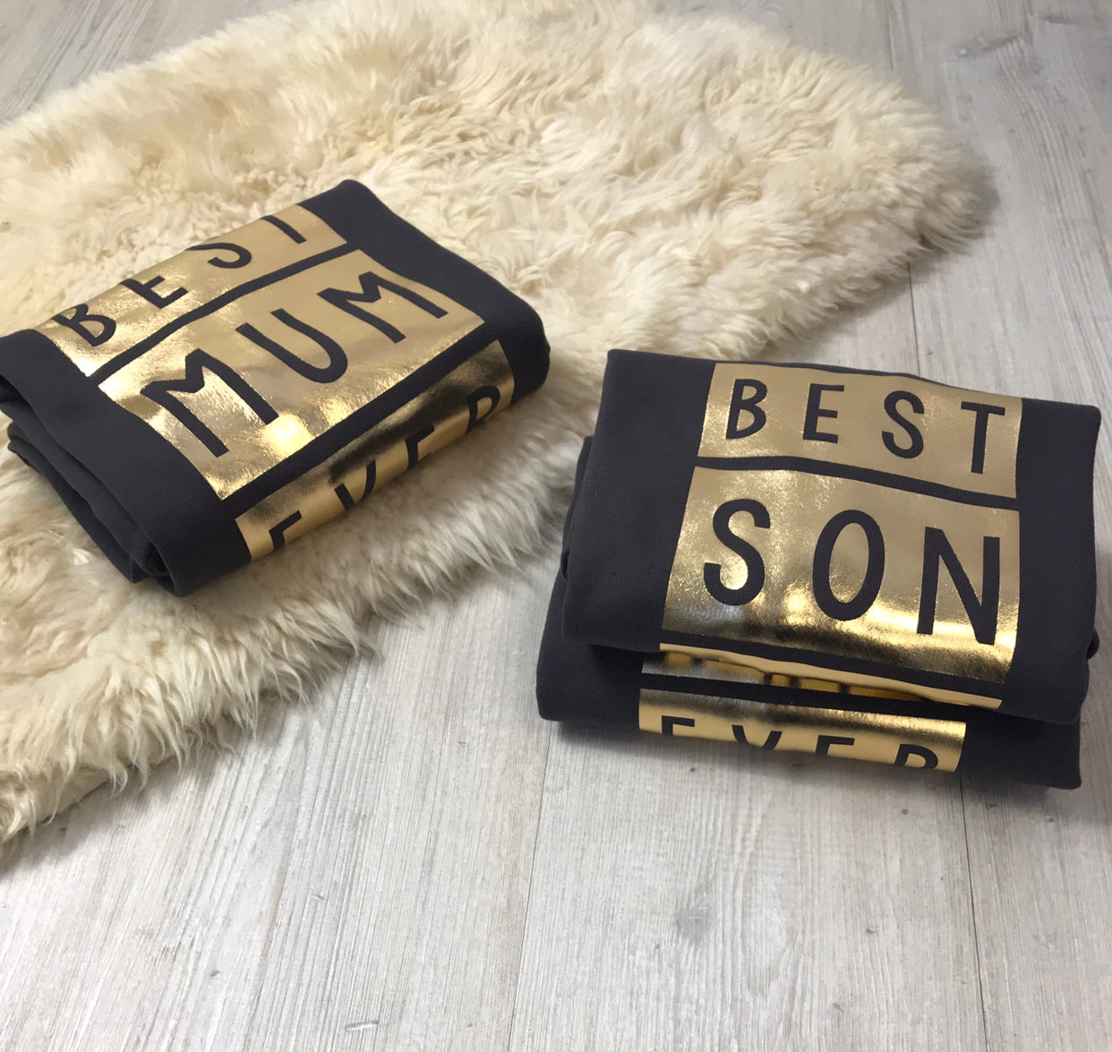Best Mom & Son Matching Sweaters - Steel Grey & Gold Pullover Set | Cozy Family Outfits for Holidays & Photos